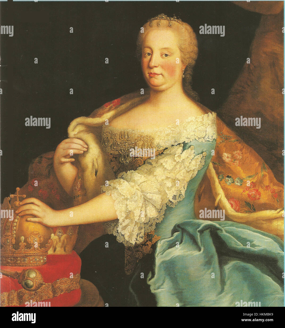 Dieses Porträt von Maria Theresia, Königin von Ungarn, zeigt sie in königlicher Kleidung, eine Schlüsselfigur in der europäischen Geschichte, die für ihre Führung und Reformen in der Habsburgermonarchie bekannt ist. Stockfoto