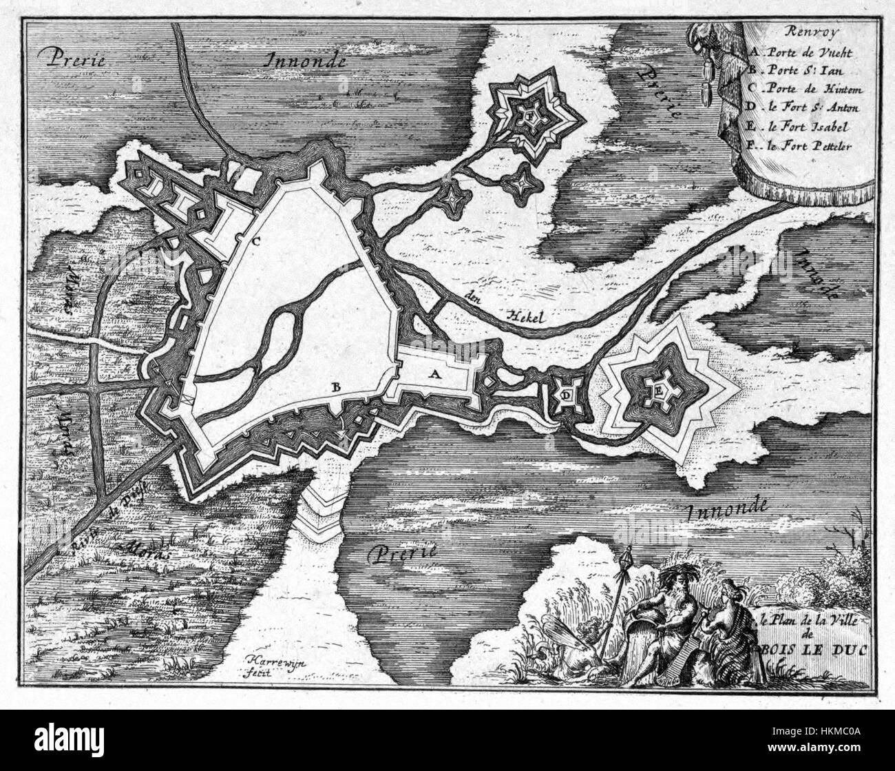 Eine Karte mit dem Titel „Plan de la Ville de Bois-le-Duc“, Teil der Atlas Beudeker-C9E10 Sammlung. Die Karte ist eine detaillierte Darstellung des Stadtbildes und zeigt kartographische Techniken und Stadtplanung aus dem 18. Jahrhundert. Stockfoto