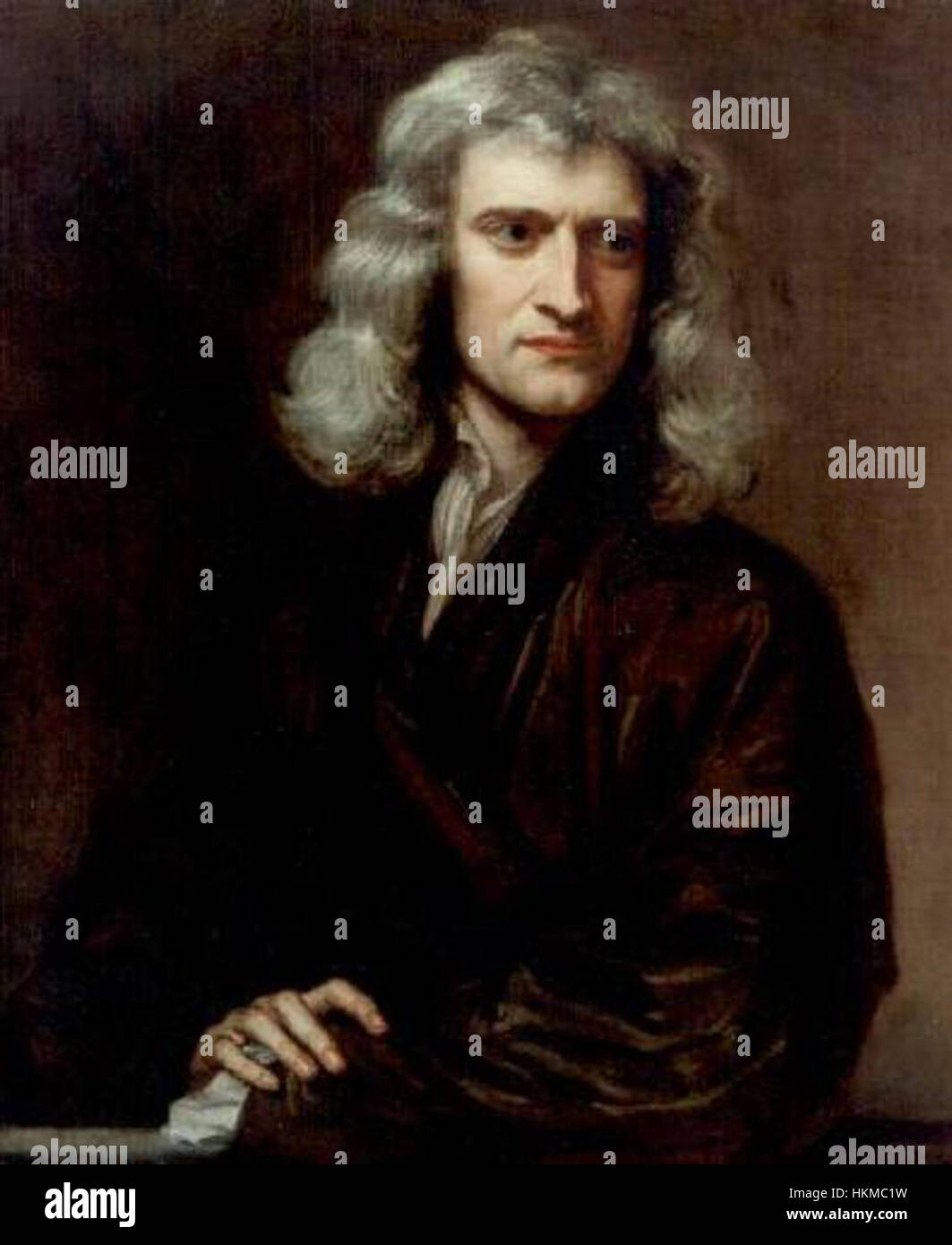 Sir Isaac Newton, der berühmte englische Mathematiker und Physiker, ist in diesem historischen Porträt dargestellt. Newtons Arbeit in Mathematik und Physik revolutionierte unser Verständnis der Natur. Stockfoto