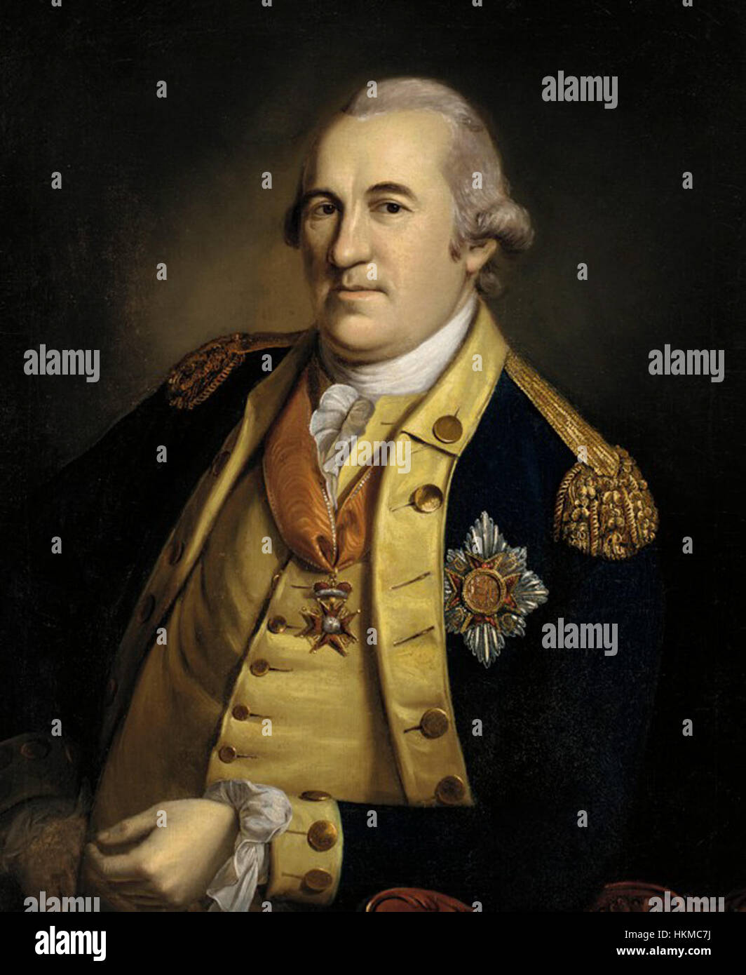 Ein Porträt des Freiherrn Friedrich von Steuben, gemalt von Charles Willson Peale im Jahre 1780. Steuben war ein preußischer Offizier, der während des Amerikanischen Unabhängigkeitskrieges bei der Ausbildung der Kontinentalarmee mitwirkte. Das Gemälde fängt seine prägende Präsenz und bedeutende Rolle in der amerikanischen Geschichte ein. Stockfoto