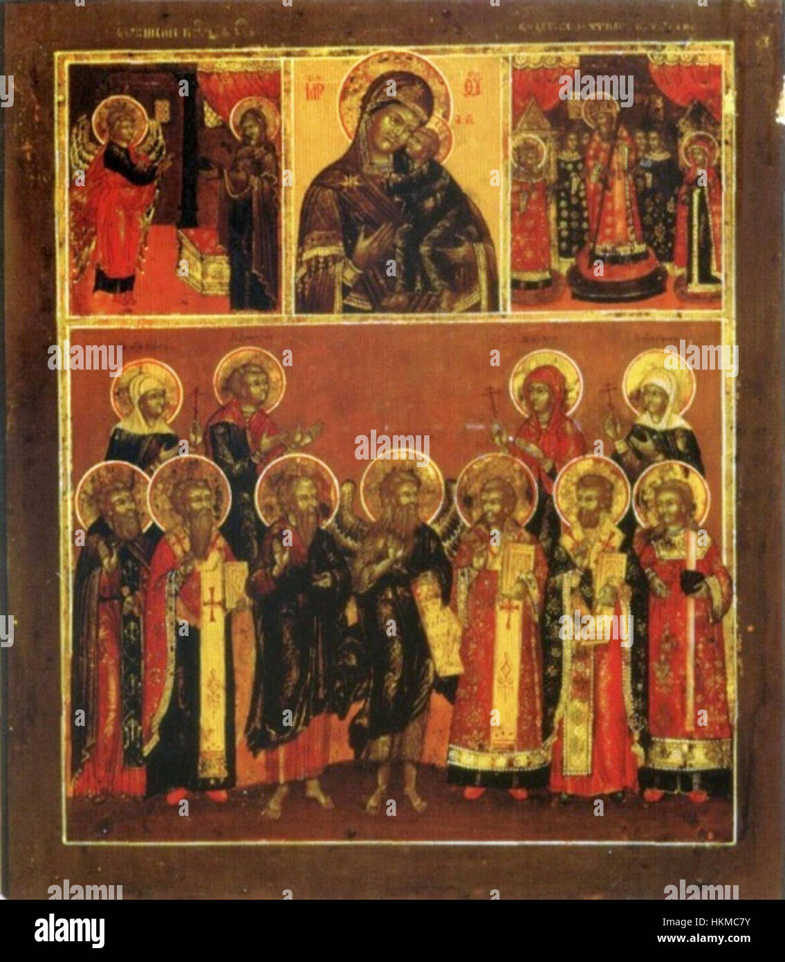 Diese Ikone, „unsere Lieben Frau von Tolga“, ist ein russisch-orthodoxes christliches Gemälde. Es zeigt die Jungfrau Maria und das Kind, ein gemeinsames Thema in der orthodoxen Ikonographie aus der Wolga-Region. Stockfoto