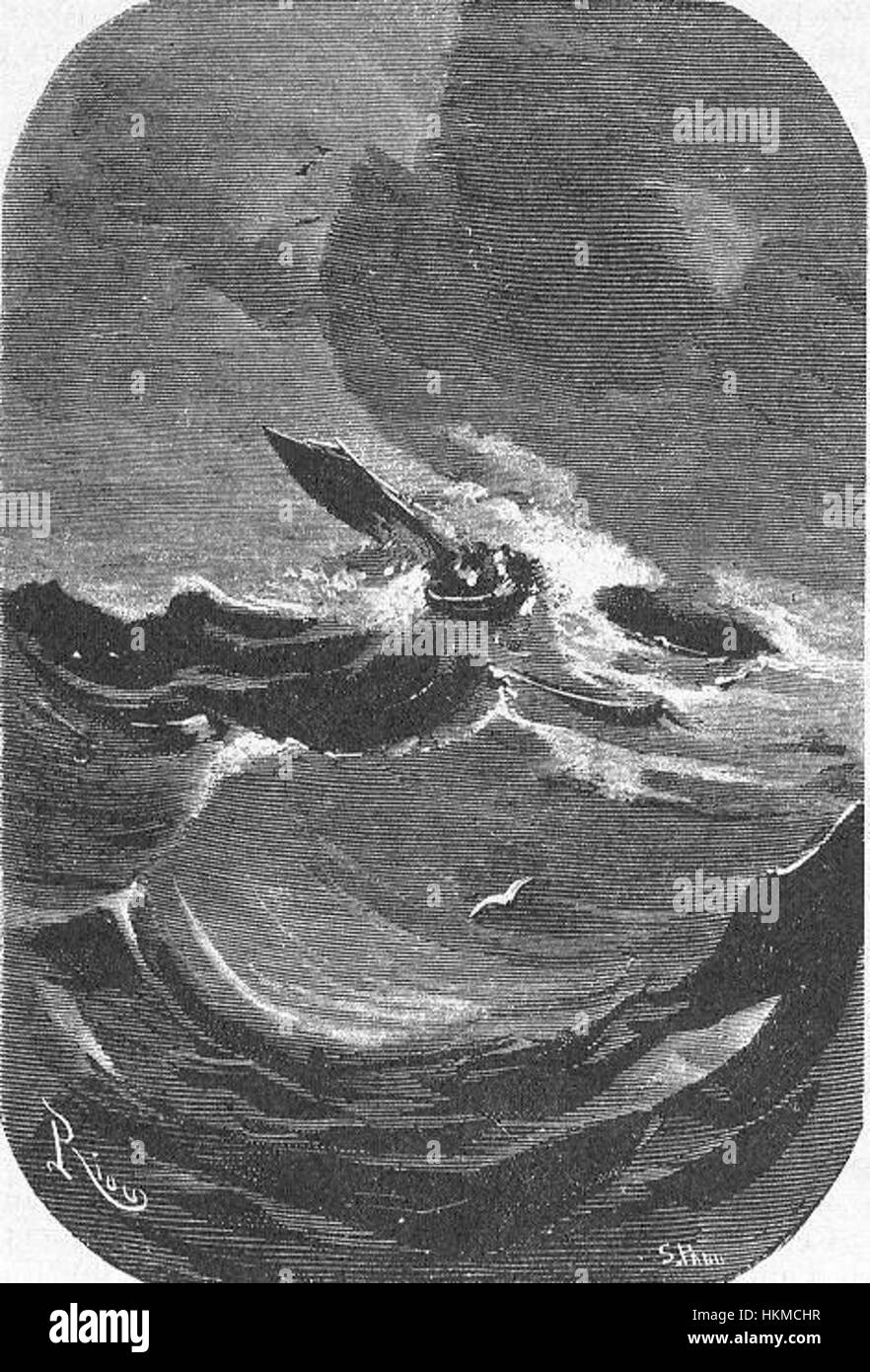 „The Field of Ice“ von Riou und Montaut zeigt eine eisige, einsame Landschaft. Das Gemälde fängt die rauen Bedingungen von Eis und Schnee ein und spiegelt den Kampf der Menschheit gegen die Natur wider. Das Kunstwerk ist ein Beispiel für dramatischen Realismus in der Malerei des frühen 20. Jahrhunderts. Stockfoto