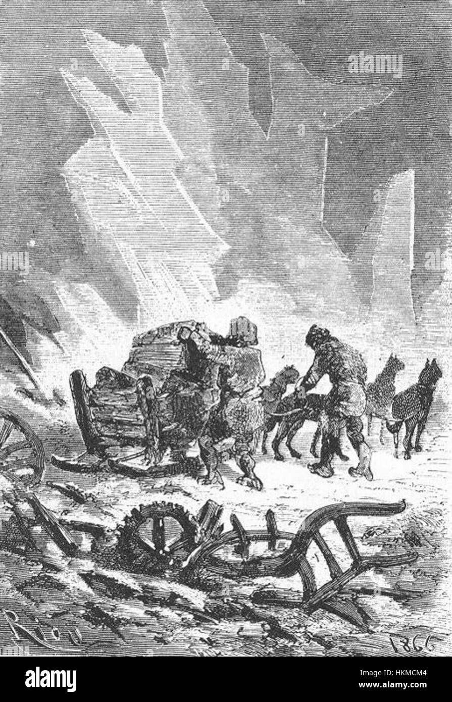 Diese Illustration aus dem 19. Jahrhundert, *The Field of Ice*, von Riou und Montaut, zeigt eine arktische Expeditionsszene, die wahrscheinlich von frühen Polarforschungsberichten beeinflusst wurde. Die dramatische Darstellung zeigt verräterische Eisformationen und Überlebensschwierigkeiten. Stockfoto