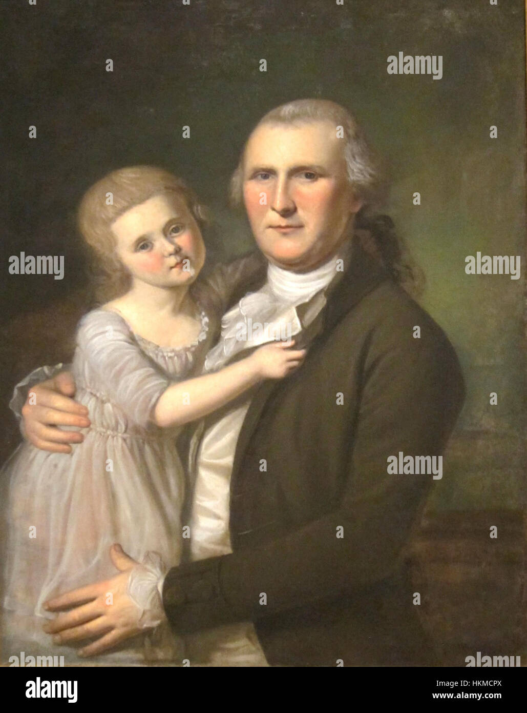 Dieses Porträt von Charles Willson Peale aus dem 18. Jahrhundert zeigt James Crawford mit seiner Tochter und unterstreicht die Fähigkeit des Künstlers, die Persönlichkeiten seiner Untertanen zu erfassen. Sie spiegelt die soziale und familiäre Dynamik der Periode wider. Stockfoto