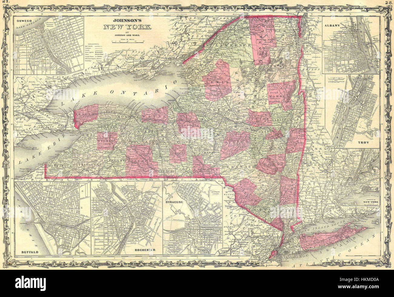 Diese 1862 von Johnson veröffentlichte Karte des Bundesstaates New York bietet einen detaillierten geografischen Überblick über die Region im 19. Jahrhundert. Die Karte zeigt wichtige Städte, Flüsse und Verkehrswege und gibt Einblicke in die historische Geographie des Staates während des Bürgerkriegs. Stockfoto