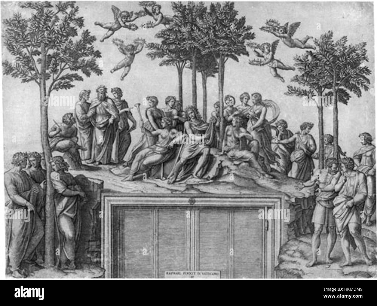 Dieses Kunstwerk von Raimondi mit dem Titel „Bassenge“ zeigt komplizierte Details und historische Bedeutung und zeigt das Können des Künstlers in der Gravur und künstlerischen Interpretation. Stockfoto