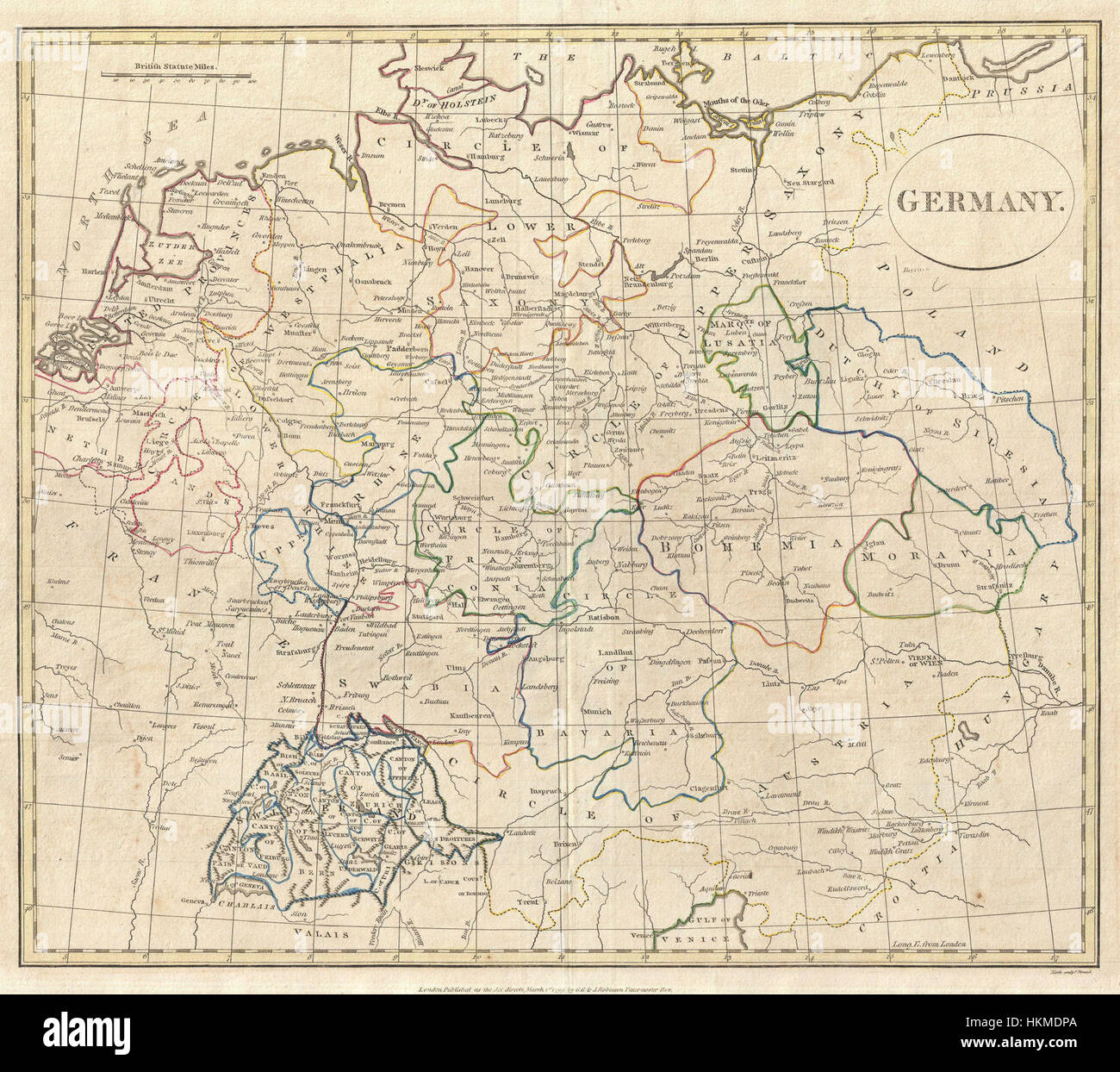 Eine 1799 von Celement Cruttwell erstellte Karte Deutschlands zeigt die geografische Landschaft Deutschlands und der Schweiz. Die Karte bietet historischen Kontext und geographische Einblicke in die Topographie der Region am Ende des 18. Jahrhunderts. Stockfoto