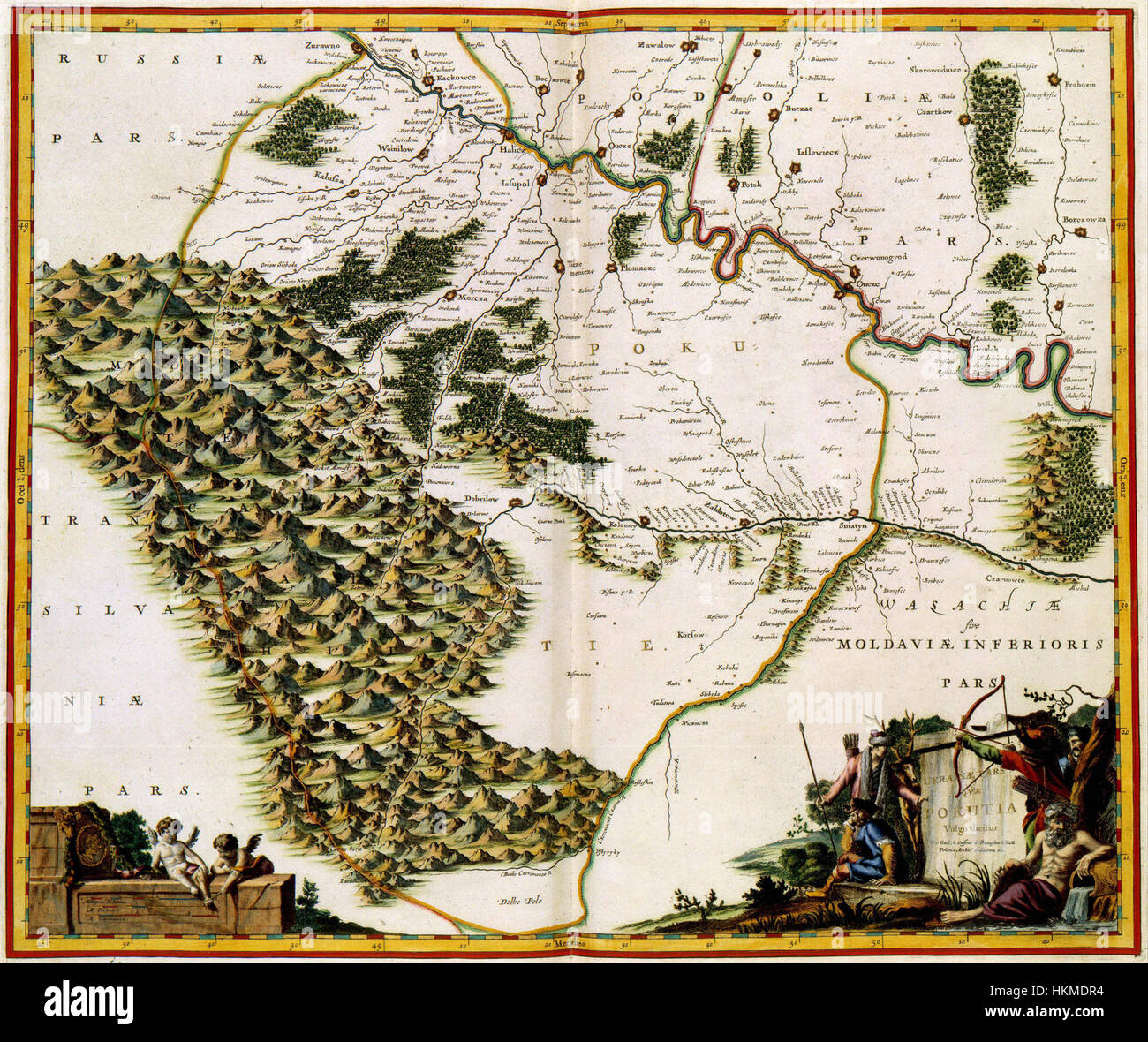 Eine Karte aus dem Atlas Van der Hagen, die die Region Pokutia in der Ukraine zeigt. Das kartographische Werk ist ein wichtiges historisches Dokument, das das geografische Layout und die politischen Grenzen der Region während ihrer Entstehung darstellt. Stockfoto