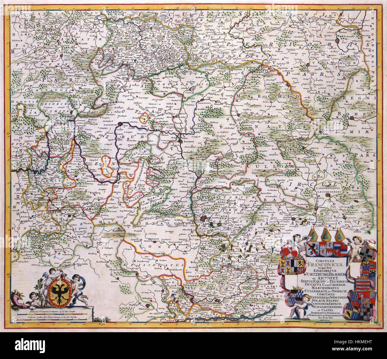 Diese historische Karte aus dem Atlas Van der Hagen zeigt den Fränkischen Kreis, eine Teilung des Heiligen Römischen Reiches, einschließlich Würzburg, Bamberg und anderer Gebiete. Stockfoto