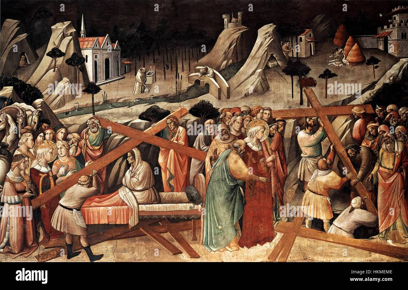 Die „Entdeckung des wahren Kreuzes“ von Agnolo Gaddi ist ein Fresko aus dem 14. Jahrhundert, das die religiöse Erzählung der Entdeckung des wahren Kreuzes darstellt, gemalt im gotischen Stil. Stockfoto