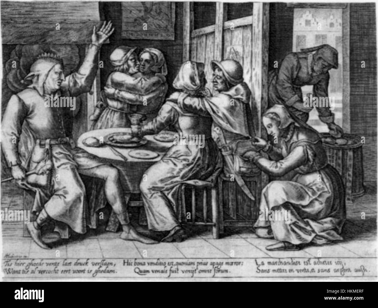 Eine Reproduktion eines historischen Kunstwerks von Cornelis Massijs, das religiöse oder weltliche Themen durch die Linse der Renaissance einfängt. Das Kunstwerk zeigt religiöse Ikonographie und traditionelle europäische künstlerische Methoden. Stockfoto