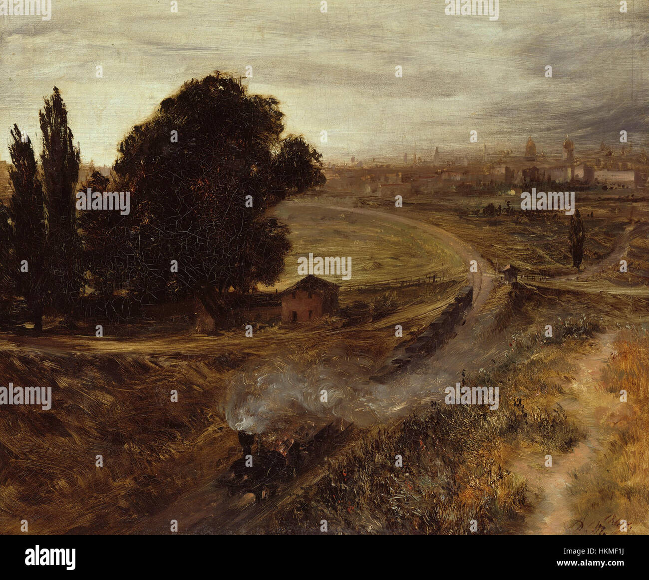 „Die Berlin-Potsdamer Bahn“ von Adolph Menzel fängt den Aufstieg der Industrialisierung im Deutschland des 19. Jahrhunderts ein. Das Gemälde zeigt die Berlin-Potsdamer Bahn und fokussiert auf die Energie und Bewegung, die mit dem Ausbau des Eisenbahnverkehrs in Europa verbunden sind. Stockfoto