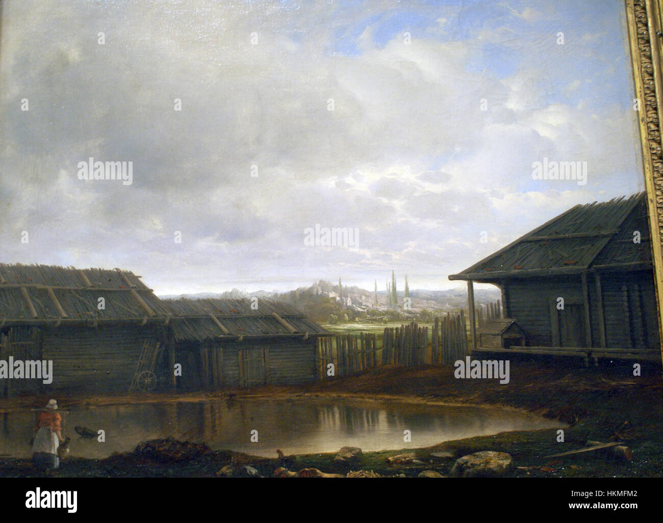 Dieses Gemälde von Appolinary Goravsky zeigt eine ruhige Landschaft und fängt die natürliche Schönheit und den ländlichen Charme ein. Die Verwendung von Licht und Schatten verbessert die Ruhe der Szene und zeigt Goravskys Kunst in der Landschaftskunst. Stockfoto