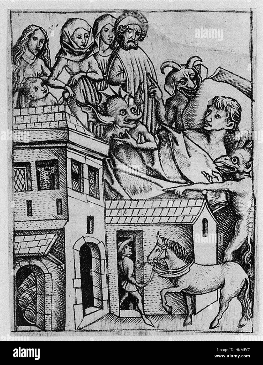 „Ars moriendi“ (die Kunst des Sterbens), die Meister E.S. zugeschrieben wird, ist eine mittelalterliche Manuskriptbeleuchtung, die Themen des Todes und des Jenseits erforscht. Dieses Werk entstand im 15. Jahrhundert und zeigt detaillierte Darstellungen der letzten Momente des Lebens und der moralischen Lehren, die sie umgeben. Stockfoto