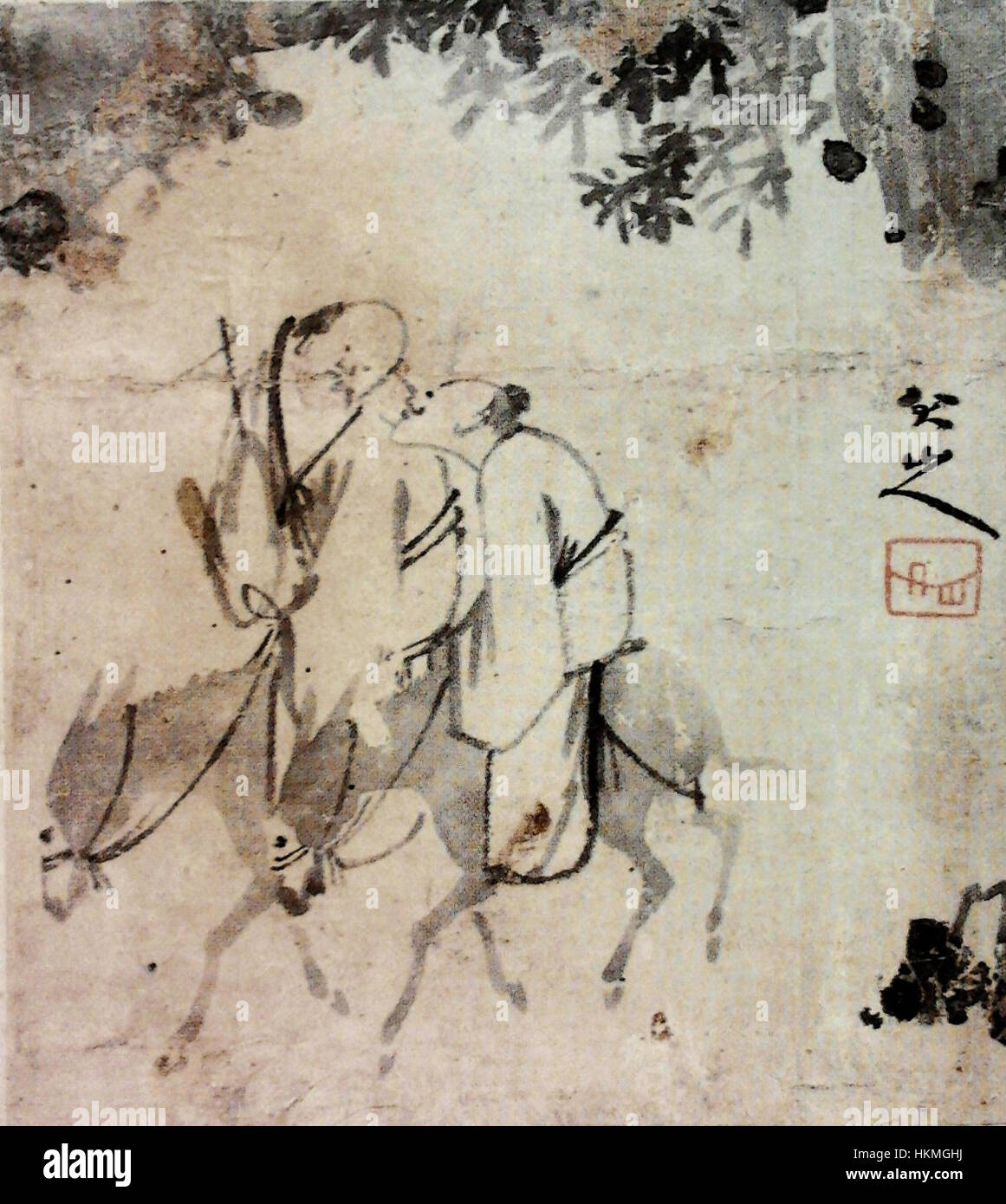 Bada Shanrens „Travellers on Esel“ ist ein traditionelles chinesisches Gemälde, das eine Gruppe von Reisenden auf Eseln darstellt und den Stil und die Beherrschung der Pinselarbeiten des Künstlers widerspiegelt. Das Stück fängt einen Moment der Reise ein, wahrscheinlich in einer ländlichen oder bergigen Umgebung, und zeigt Figuren in traditioneller Kleidung. Stockfoto