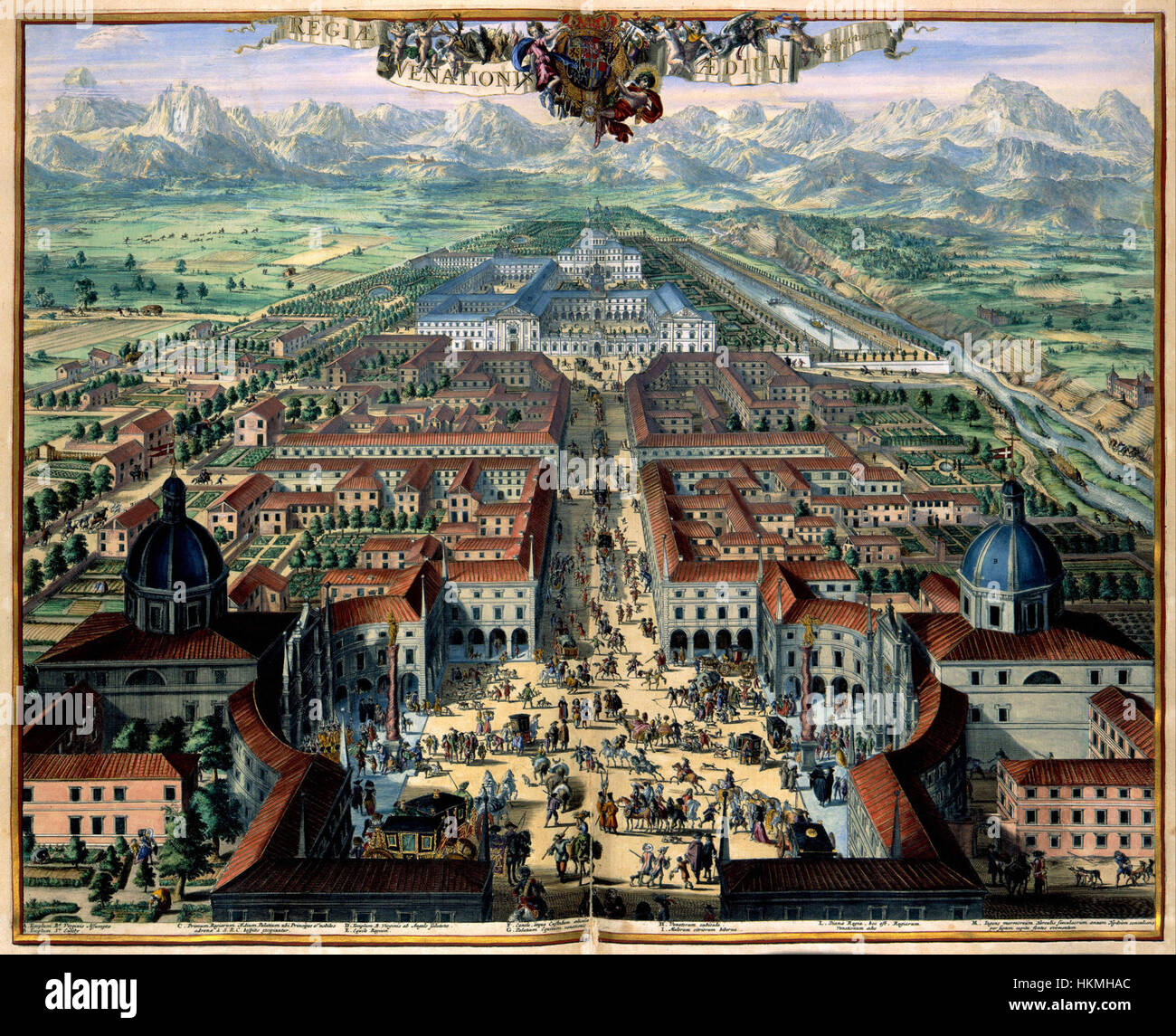 Dieses historische Kunstwerk mit dem Titel „Regiae Venationis Aedium Prospektus“ von Atlas Van der Hagen veranschaulicht eine königliche Jagdszene und zeigt klassische Kunsttechniken. Stockfoto