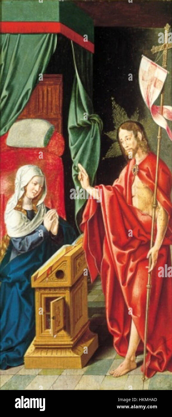 Dieses religiöse Gemälde von Bruyn veranschaulicht die biblische Szene von Christus, der Maria erscheint, und erfasst die emotionale Intensität und spirituelle Bedeutung des Augenblicks. Das Kunstwerk ist ein wichtiges Beispiel religiöser Kunst aus der Renaissance. Stockfoto