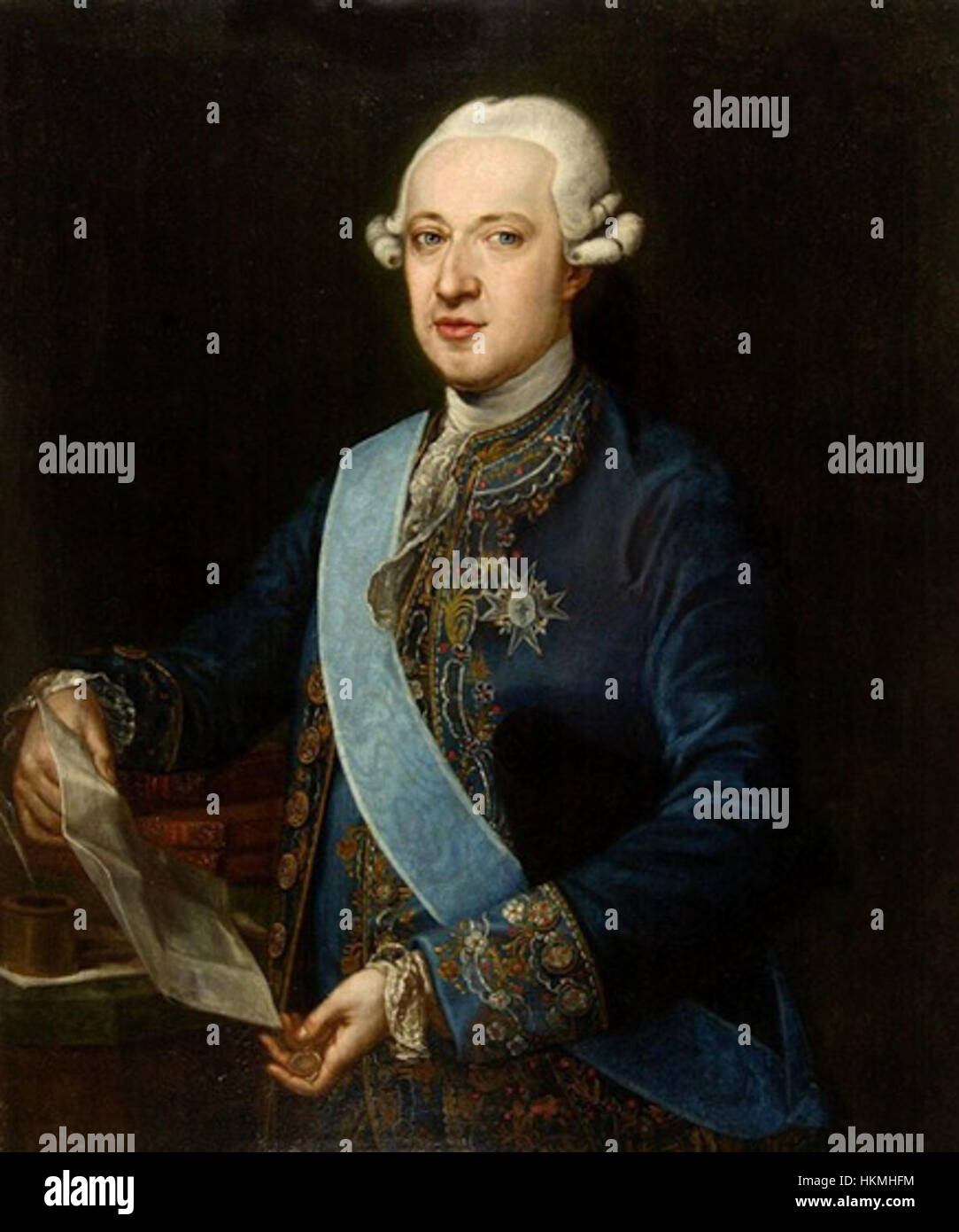 Dieses Porträt des Grafen von Floridablanca stellt eine prominente spanische politische Figur aus dem 18. Jahrhundert dar. Das Gemälde spiegelt den aristokratischen Stil und die politische Bedeutung der Zeit wider. Stockfoto