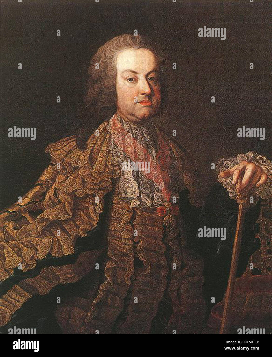 Dieses Porträt von Kaiser Franz I. fängt die würdevolle und königliche Erscheinung des österreichischen Kaisers ein. Das Gemälde spiegelt den offiziellen Porträtstil des 19. Jahrhunderts wider und zeigt die Rolle des Kaisers in der europäischen Politik. Stockfoto