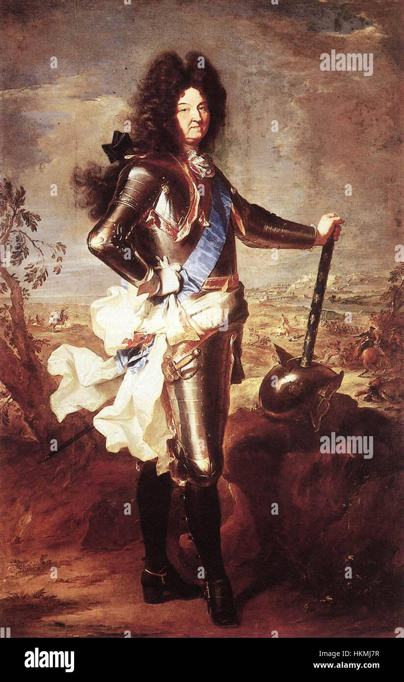 Dieses Porträt Ludwigs XIV. Von Hyacinthe Rigaud zeigt den französischen König in königlicher Pracht. Er wurde Anfang des 18. Jahrhunderts gemalt und unterstreicht seine Größe und Autorität und zeigt die Opulenz der französischen Monarchie während seiner Regierungszeit. Stockfoto