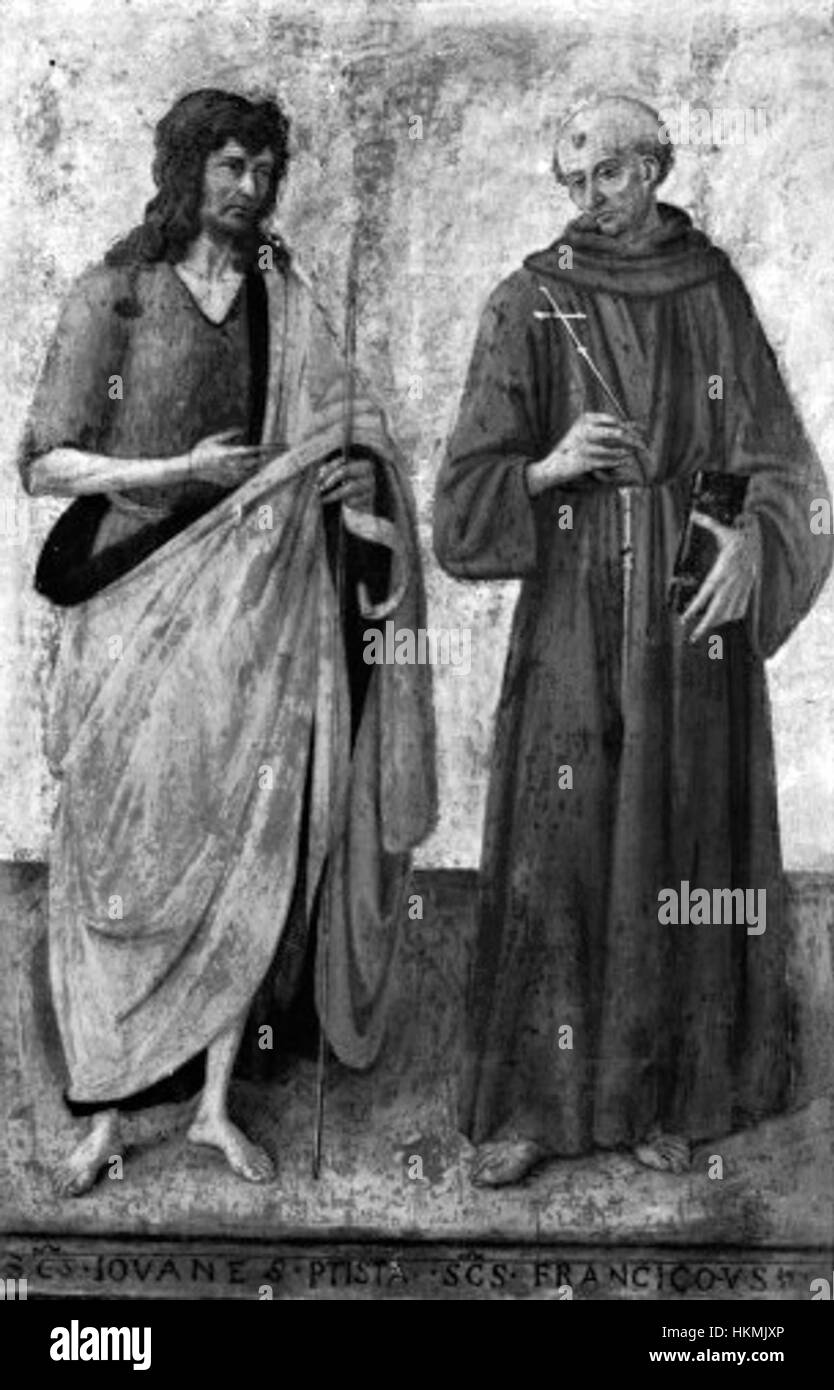 Dieses Gemälde von Rosselli zeigt die biblischen Figuren St. Johannes und St. Franziskus, dargestellt in einer religiösen Szene voller Emotionen und Symbolismus. Rossellis Werk fängt die heiligen Figuren mit komplizierten Details und einer ruhigen Atmosphäre ein, die charakteristisch für die religiöse Kunst der Renaissance ist. Stockfoto