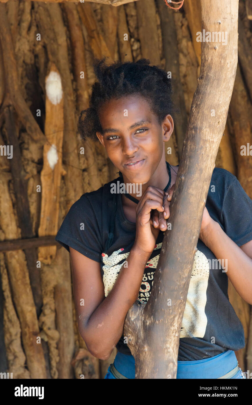 Menschen im Dorf, Simien Berge, Äthiopien Stockfoto