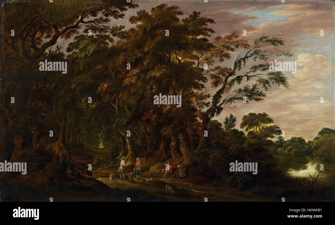 *Waldlandschaft* von Alexander Keirinckx ist eine Darstellung einer Waldlandschaft, die die Aufmerksamkeit des Künstlers auf natürliche Elemente und seine Fähigkeit, Licht und Schatten in der Waldumgebung einzufangen, zeigt. Stockfoto