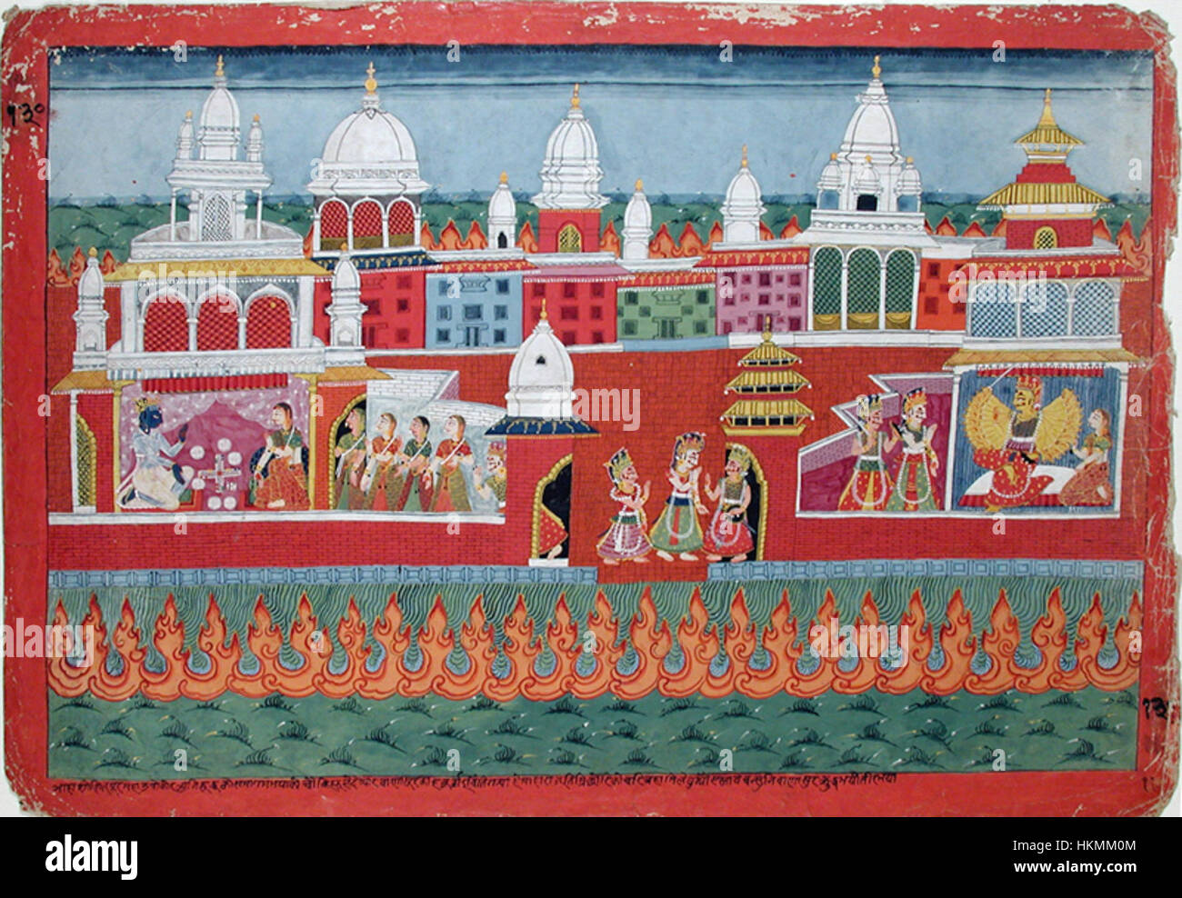 Dieses Kunstwerk veranschaulicht die mythologische Geschichte von Aniruddha, der von Usha nach seiner Entführung versteckt wird. Diese Szene ist reich an indischer Kulturgeschichte und verbindet traditionelle Geschichten mit visuellen Darstellungen alter Legenden. Stockfoto