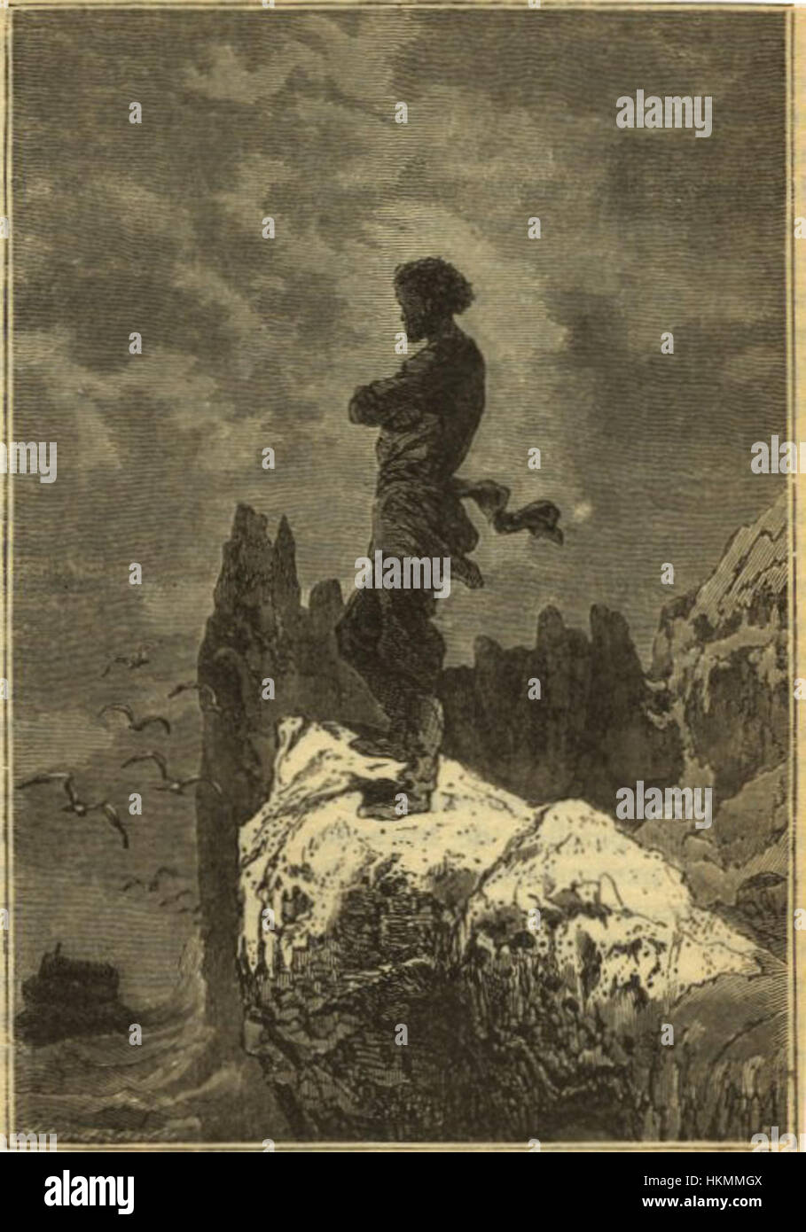 Dieses Kunstwerk, inspiriert von *20.000 Meilen unter dem Meer*, zeigt die Reise von Kapitän Nemo zum Nordpol. Die Szene zeigt eine abenteuerliche, ozeanische Erkundung mit einer dramatischen Darstellung der gefrorenen Landschaft. Stockfoto