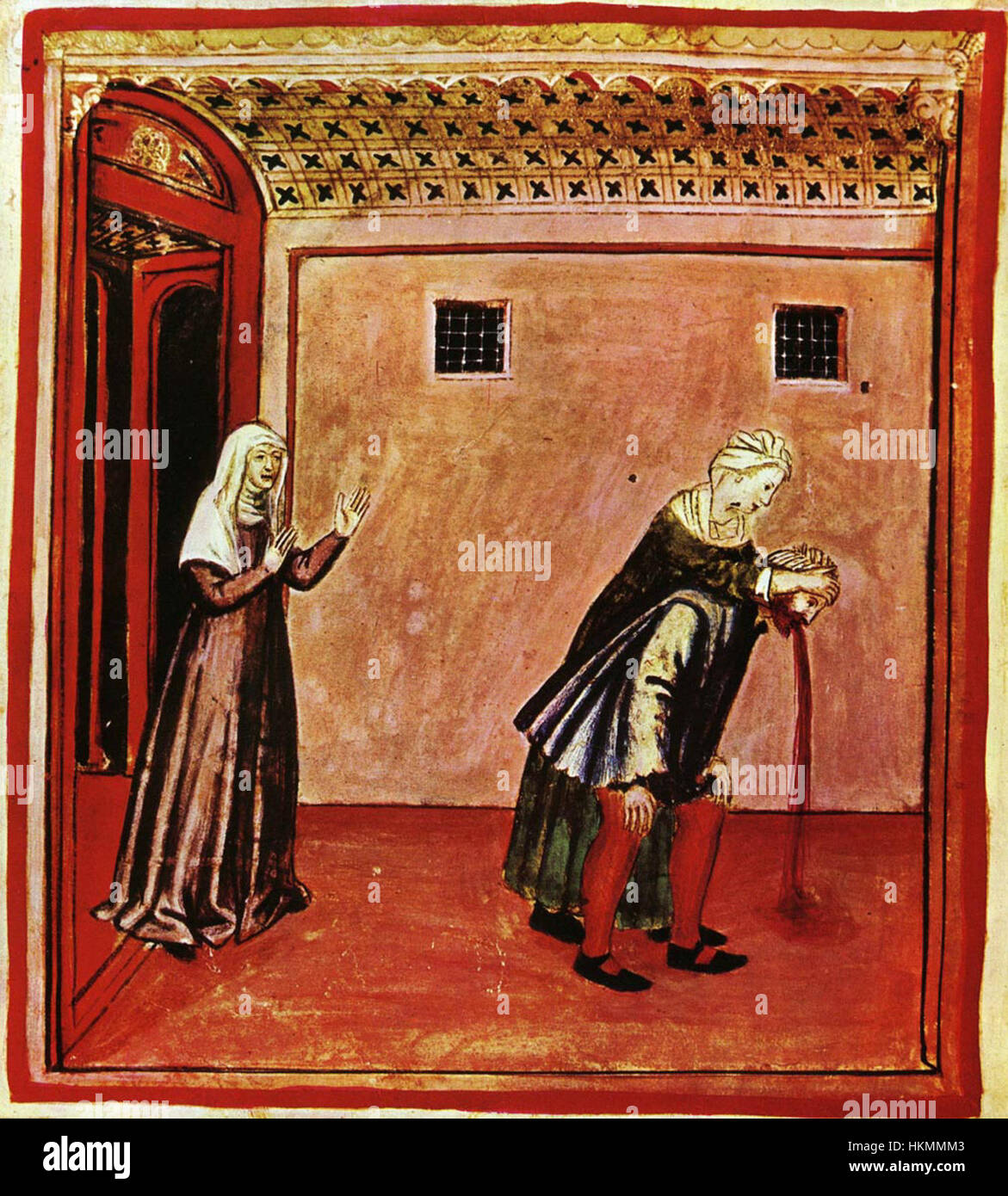 Dieses Bild aus dem „Taccuino Sanitatis“ zeigt verschiedene Aspekte des täglichen Lebens, einschließlich einer Illustration des Erbrechens als Teil der medizinischen Geschichte. Die Arbeit zeigt die Schnittstelle von Gesundheit und Alltagspraktiken im Mittelalter. Stockfoto