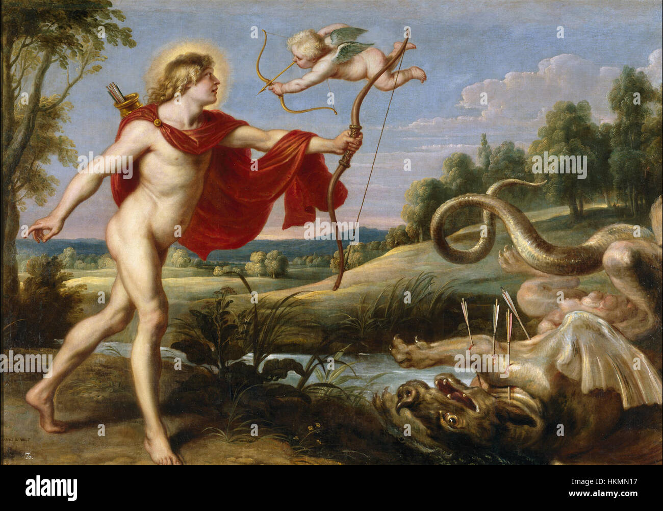 „Apollo und der Python“ von Cornelis de Vos, gemalt zwischen 1636 und 1638, zeigt die mythologische Szene, in der Apollo die Schlange Python besiegt. Das Gemälde ist ein schönes Beispiel für barocke Kunst, das dynamische Bewegungen und Emotionen einfängt. Stockfoto