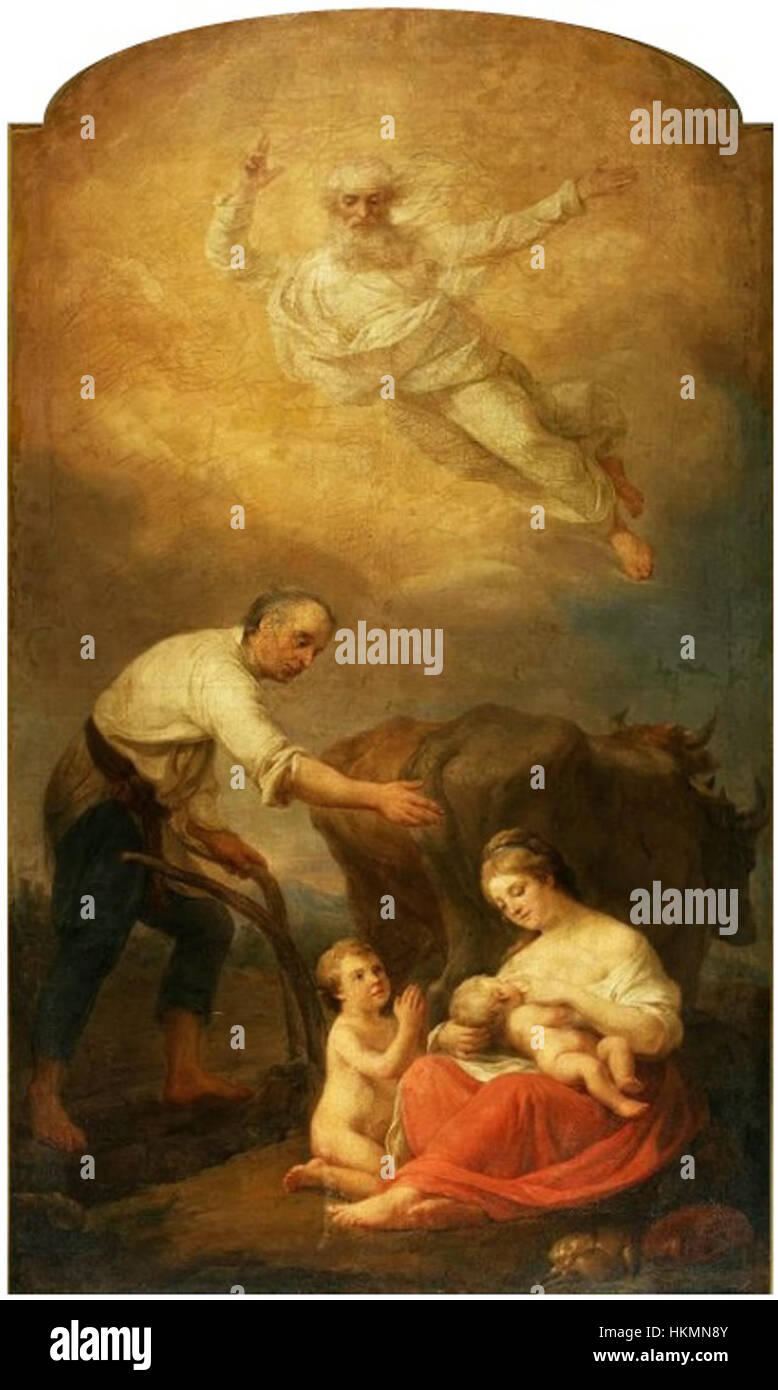 Dieses Gemälde von Bacciarelli, „Heiliger Isidor“, zeigt den heiligen in einem Moment göttlicher Hingabe. Das Werk fängt die religiöse Leidenschaft und emotionale Tiefe ein, die mit katholischen Heiligen verbunden sind, typisch für religiöse Kunst des 18. Jahrhunderts. Stockfoto