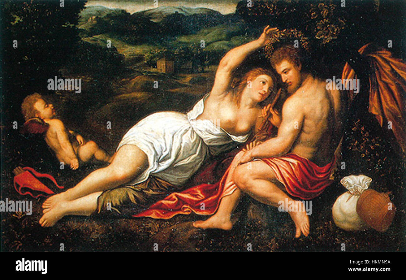 Dieses Kunstwerk „Daphnis und Chloe“ von Bordone zeigt die berühmten griechischen mythologischen Liebhaber Daphnis und Chloe. Das Gemälde ist eine lebendige Darstellung ihrer emotionalen Verbindung und der Schönheit alter Liebesgeschichten. Stockfoto