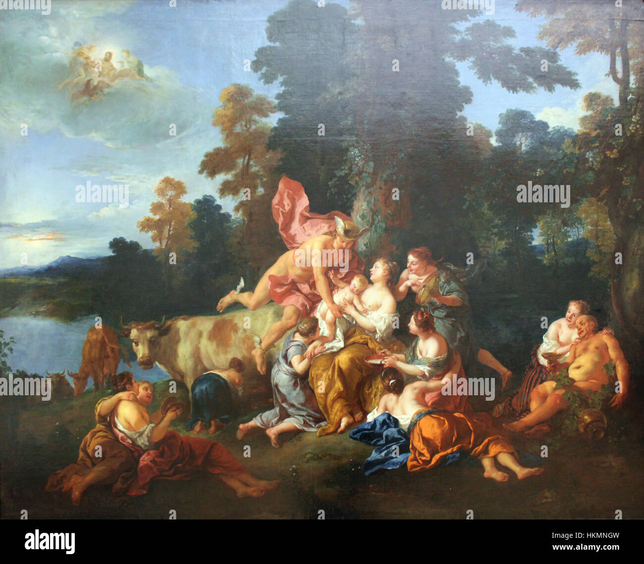 Ein Gemälde von Francois de Troy, „Erziehung des Bacchus“ aus dem Jahr 1717. Dieses Kunstwerk zeigt die mythologische Figur Bacchus, Gott des Weins, die von seinen Lehrern in einem klassischen Setting erzogen wurde. Die Komposition spiegelt die Betonung des Rokoko-Stils auf Anmut und Mythologie wider. Stockfoto