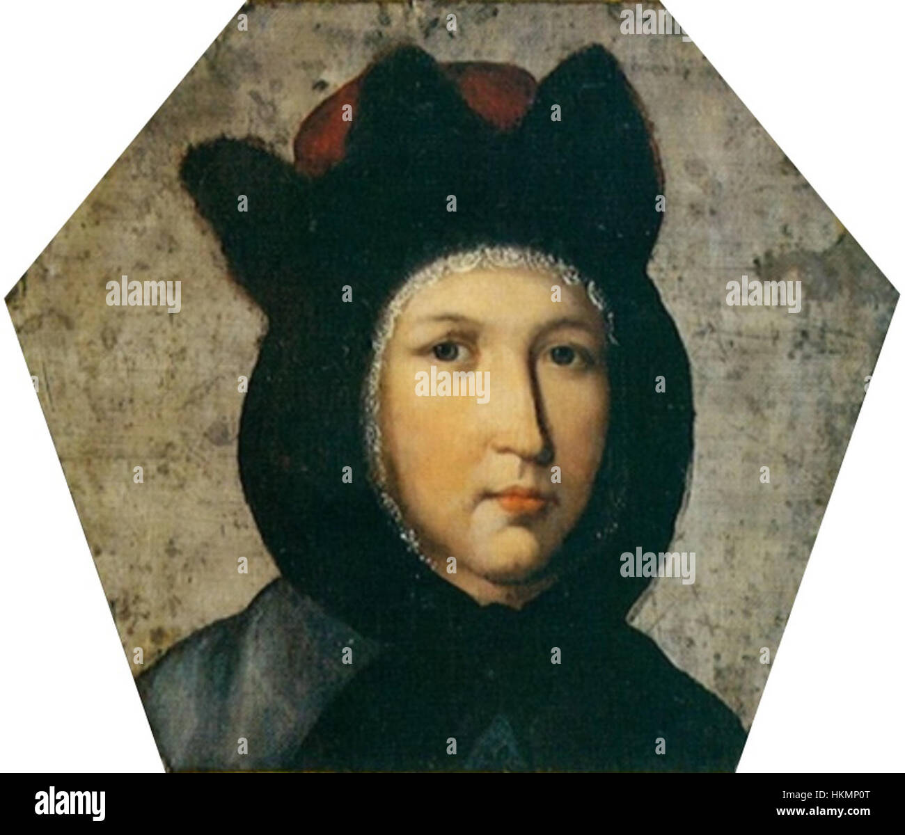 Das Sargporträt einer Frau, ein altes römisches Porträt, ist auf eine Holztafel gemalt. Dieses Porträt wurde auf dem Sarg einer verstorbenen Frau platziert und spiegelt die römischen Begräbnisbräuche und die Bedeutung des Porträts für das Gedenken an den Verstorbenen wider. Stockfoto