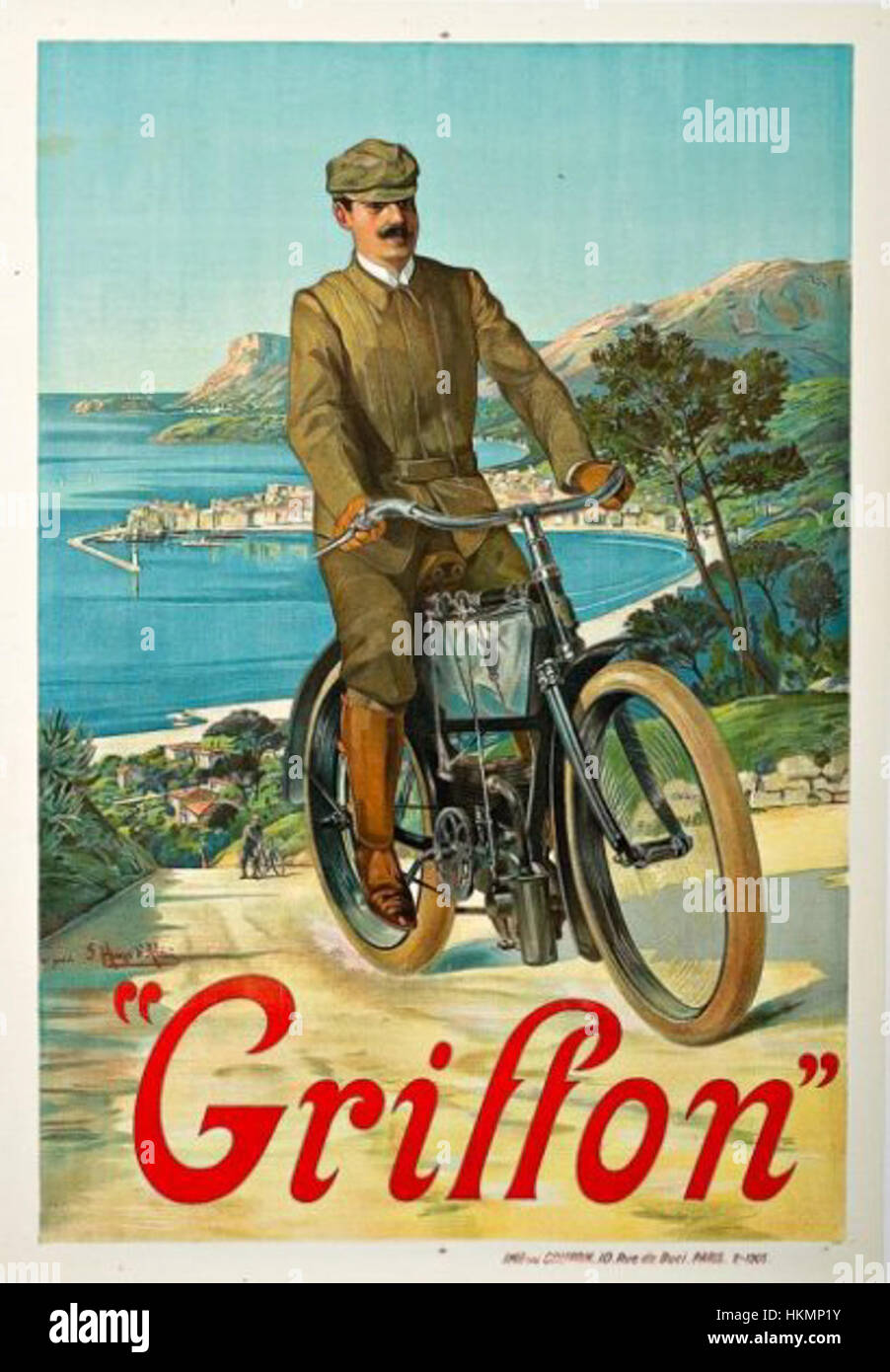 Ein ikonisches Vintage-Poster aus dem Jahr 1905 mit Fahrrädern von Griffon, eine historische Werbung, die das Design von Fahrrädern aus dem frühen 20. Jahrhundert und die Kunst der Werbung während dieser Zeit zeigt. Dieses Stück ist ein bedeutendes Sammlerstück für Kunst- und Geschichtsbegeisterte. Stockfoto