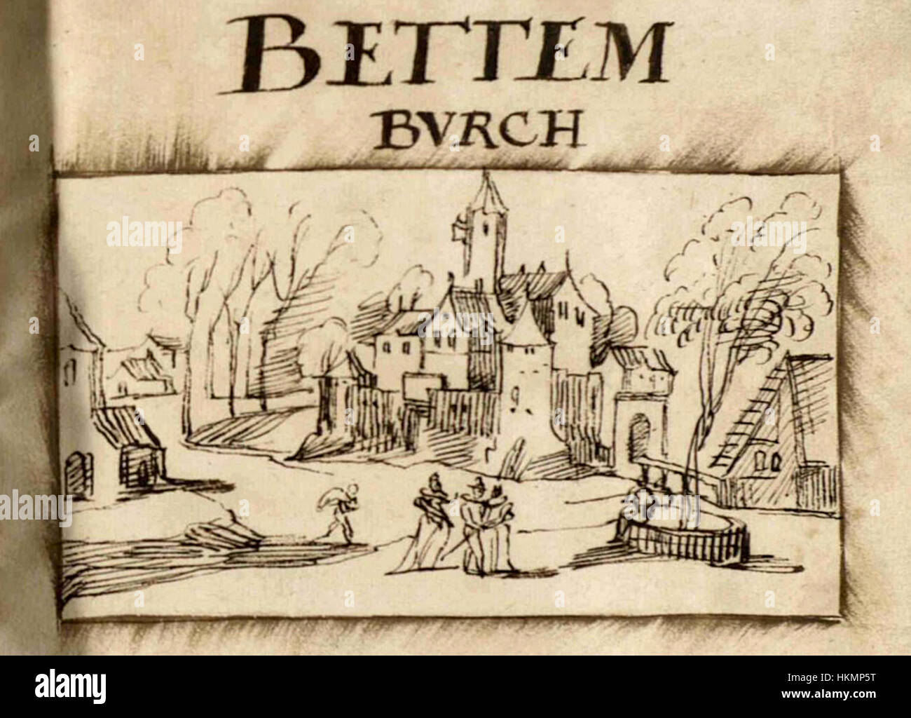 „Bettemburch“ von Jean Bertels, gemalt 1597, zeigt eine historische Szene mit dem Dorf Bettemburch. Das Werk beleuchtet das ländliche Leben und die Architektur der Zeit und stellt eine friedliche Dorflandschaft dar. Stockfoto