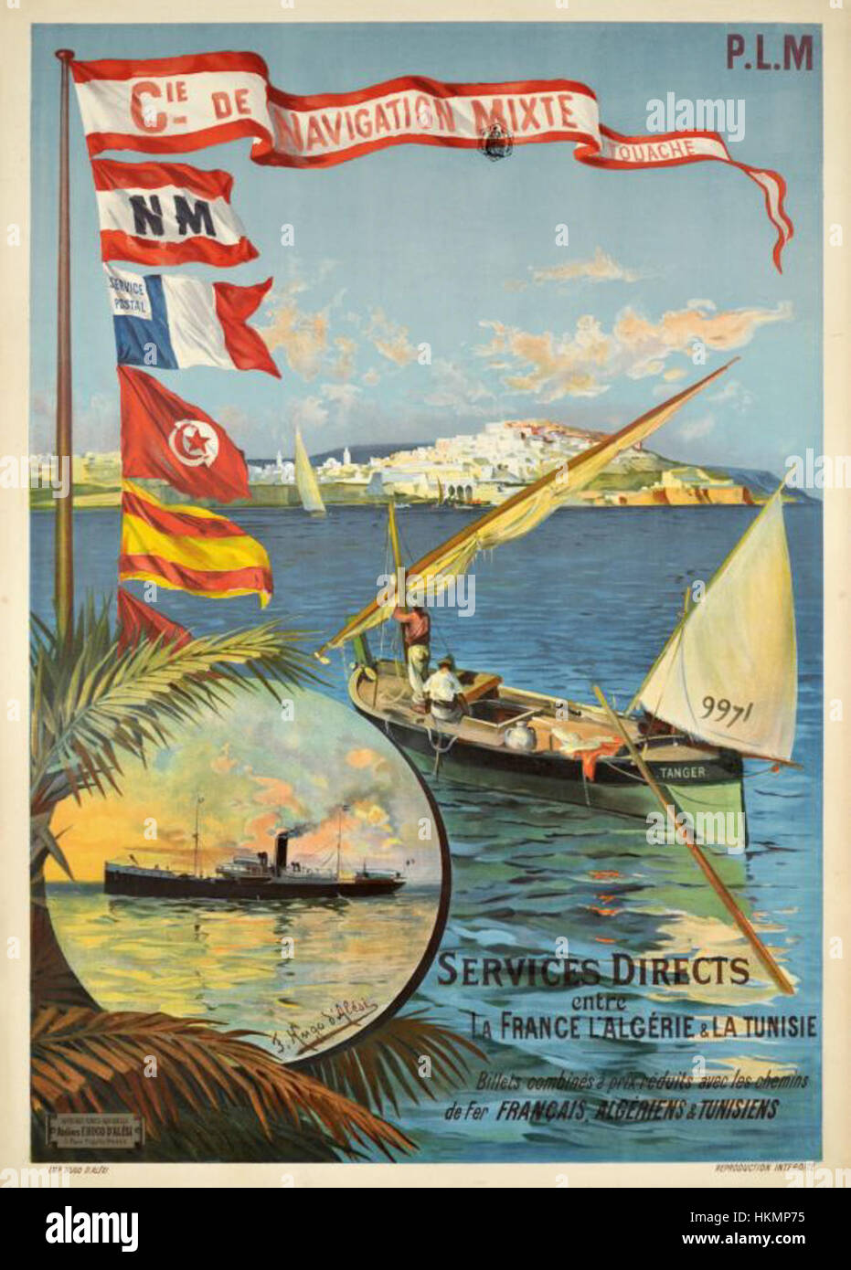 „Affiche PLM CNM Touache“ ist ein Vintage-Reiseplakat, das die französische Kolonialbahn (PLM) in Algerien und Tunesien fördert. Das farbenfrohe Design ist ein Beispiel für Reisewerbung aus der Mitte des 20. Jahrhunderts und zeigt die Schönheit der nordafrikanischen Landschaft und der Reiserouten. Stockfoto