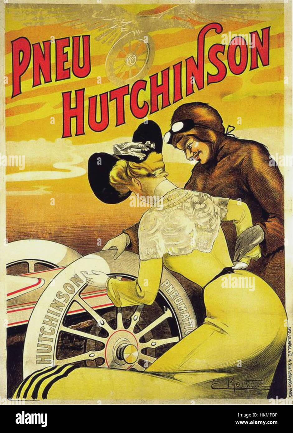 „Affiche pneu Hutchinson“ ist eine Vintage-Werbung für Hutchinson-Reifen. Diese Marketingkunst zeigt die Haltbarkeit und Leistung des Reifens und verwendet dabei ein auffälliges, grafisches Design, das für die Werbung des frühen 20. Jahrhunderts typisch ist. Stockfoto