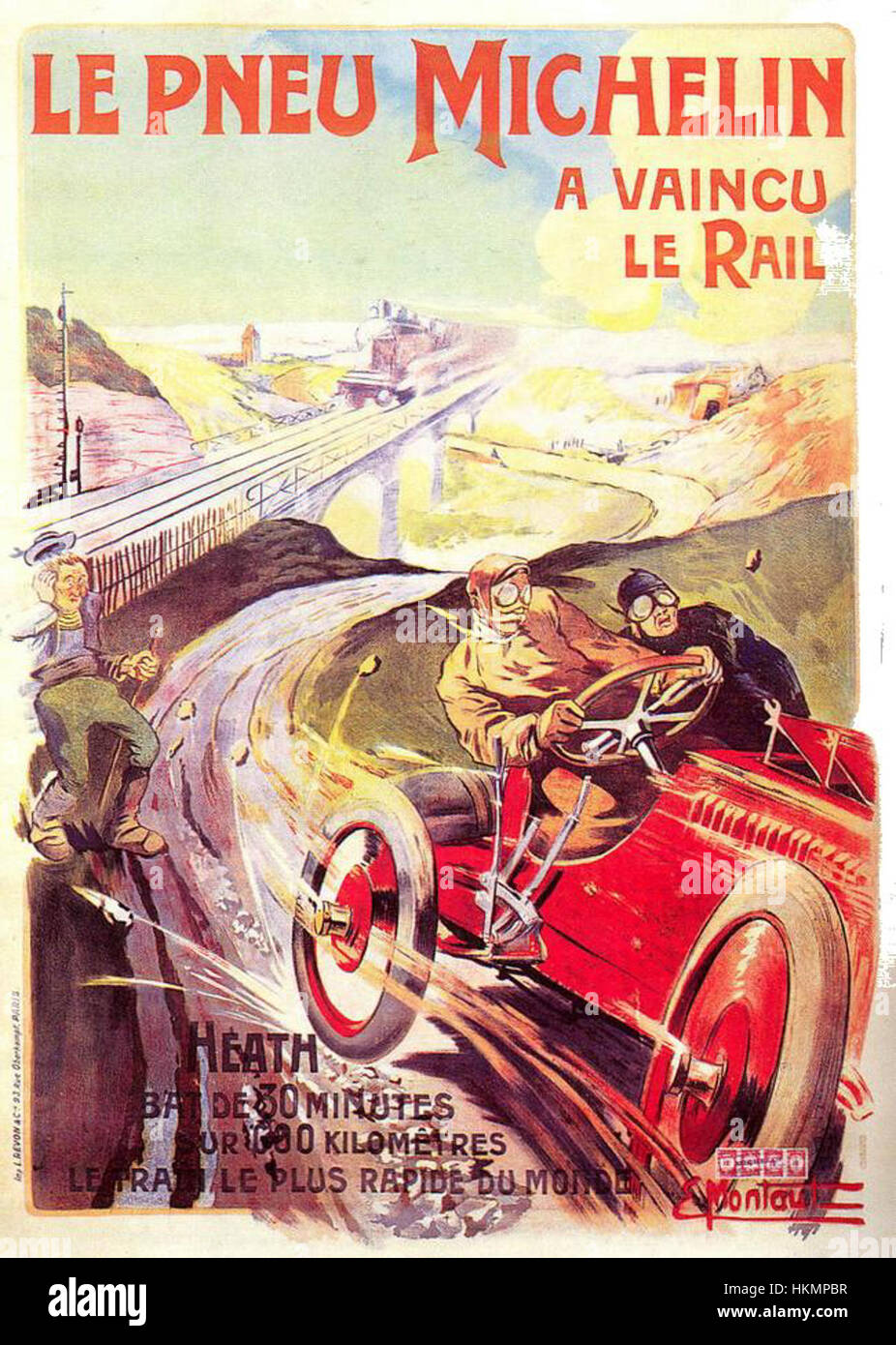 „Affiche pneu Michelin“ ist ein klassisches Werbeplakat aus dem frühen 20. Jahrhundert für Michelin-Reifen. Dieses Poster ist bekannt für seinen Vintage-Look und zeigt lebendige Kunstwerke, die die Zuverlässigkeit und Qualität der Michelin-Reifen fördern, ein Symbol der französischen Werbung während dieser Zeit. Stockfoto