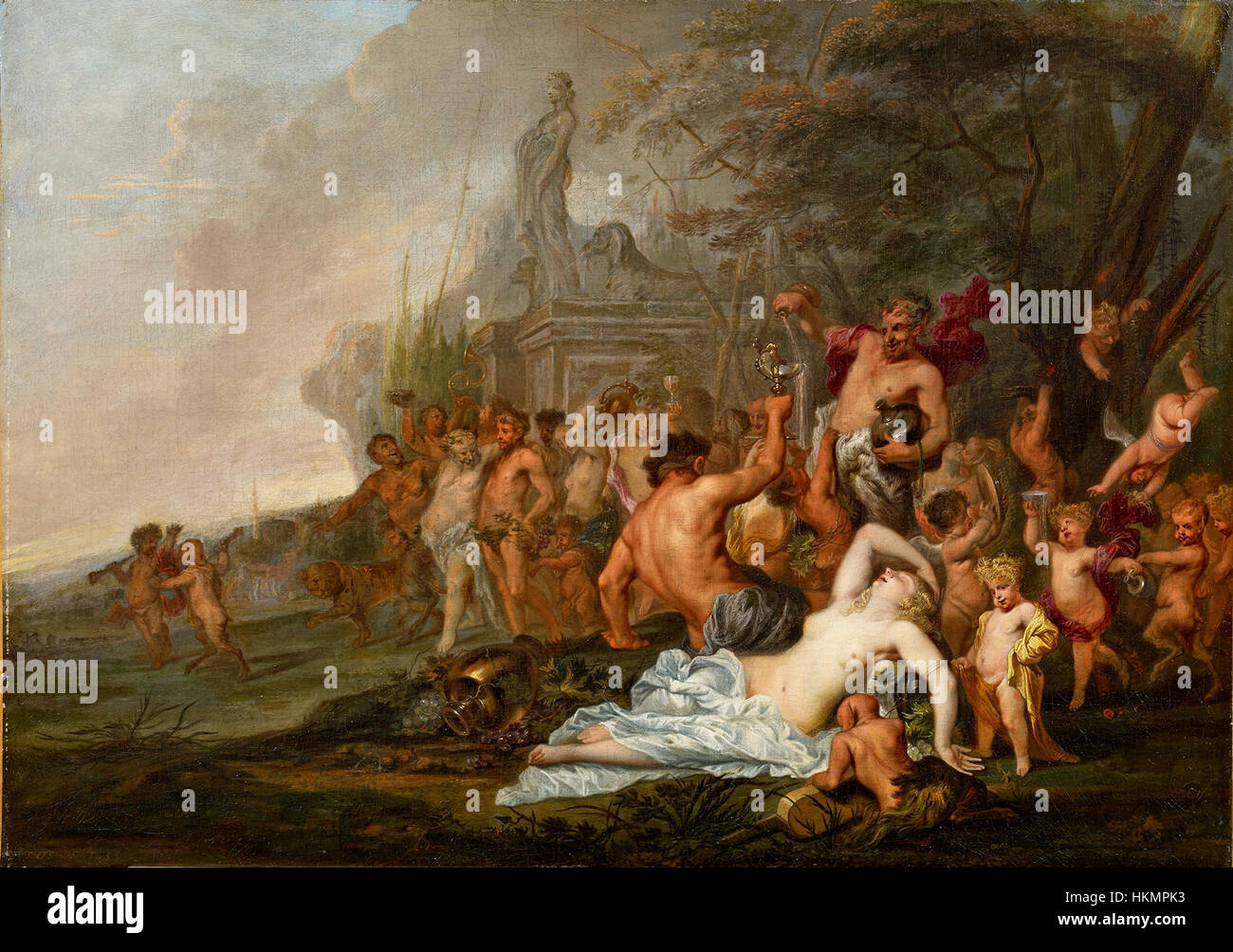 Eine dynamische und lebendige Darstellung der bacchanalischen Festlichkeiten, die in ausgelassenen Feiern und Göttern dargestellt werden. Das Gemälde beleuchtet die Mythologie um Bacchus, den Gott des Weins und der Freude, in einem Stil, der Bewegung, Energie und Hedonismus betont. Stockfoto