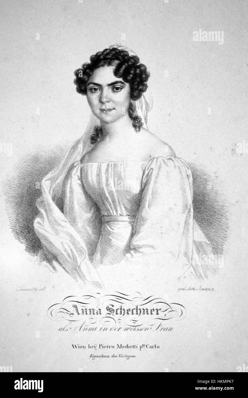 Die Lithografie von Anna Schechner zeigt komplexe Details und einen einzigartigen Stil. Es ist ein gutes Beispiel für lithographische Kunst des 19. Jahrhunderts, mit einem Schwerpunkt auf Technik und Gegenstand. Stockfoto