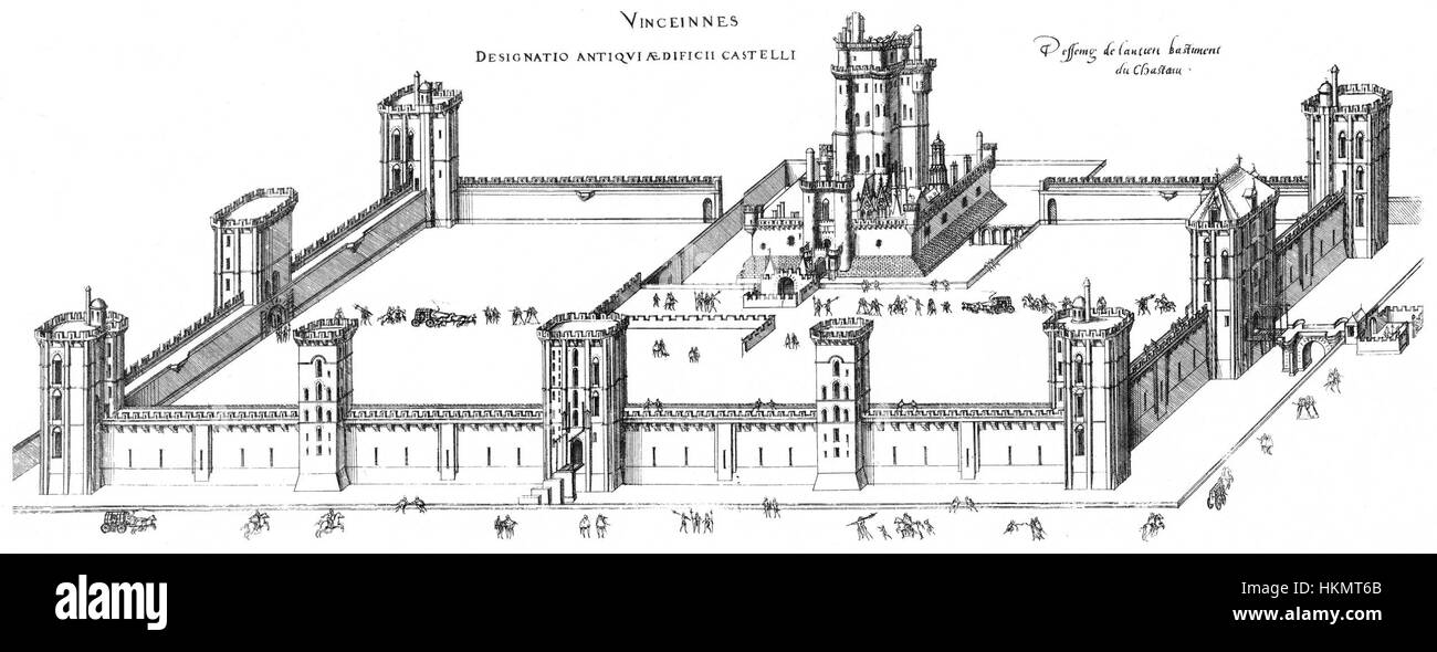 Diese Illustration aus der Vogelperspektive von Vincennes, Frankreich, zeigt das Layout der Stadt von oben. Es wurde 1972 erbaut und hebt die historische Architektur und die urbane Landschaft hervor und bietet eine detaillierte Darstellung der Straßen und Gebäude von Vincennes aus einem Blickwinkel. Stockfoto