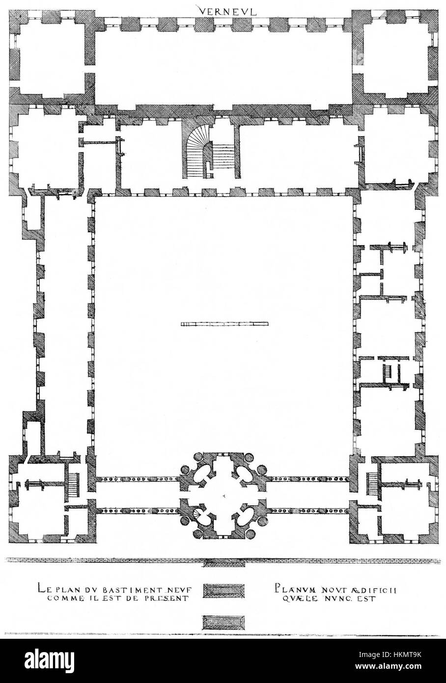Dieses Bild zeigt den zweiten Entwurf des *Bastiments*-Plans von Verneuil aus Greggs Publikation von 1972. Das architektonische Layout spiegelt Ideen der Mitte des 20. Jahrhunderts für Stadtplanung und Tragwerksplanung wider. Stockfoto