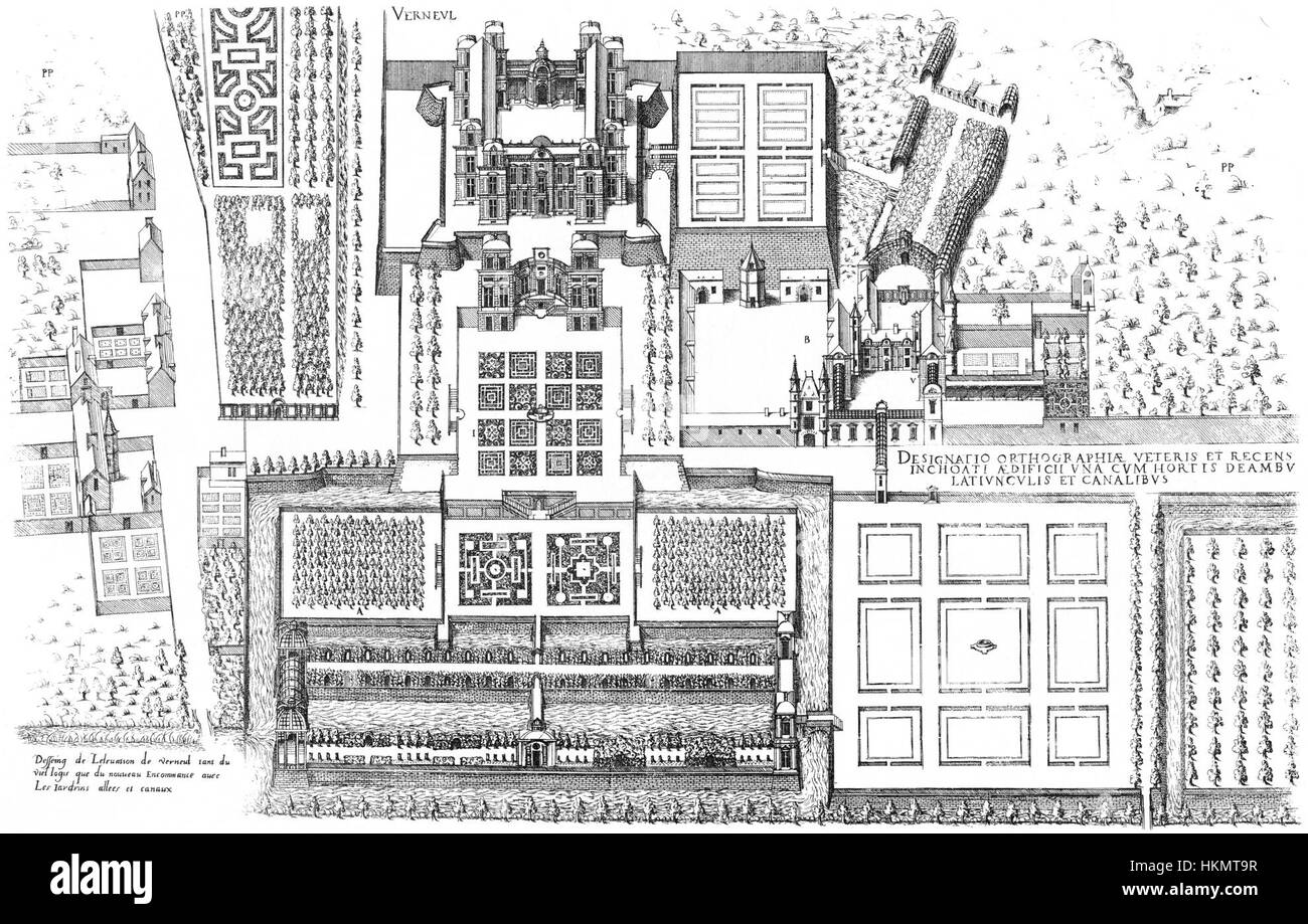 Dieses Kunstwerk bietet einen Blick aus der Vogelperspektive auf die Gartenseite des Bastiments, wie es von Verneuil entworfen wurde. Der erste Entwurf erfasst das Layout und die Landschaftsgestaltung des Anwesens in einer detaillierten und künstlerischen Weise und bietet einen Einblick in die historische Landschaftsarchitektur der damaligen Zeit. Stockfoto