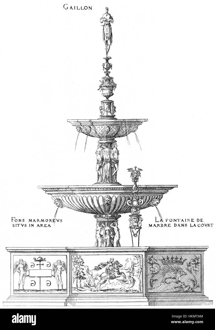 Der Gaillon Marmorbrunnen, dargestellt in dem Werk *Bastiments v1* von Gregg, veranschaulicht die exquisite Handwerkskunst der Renaissance-Brunnen. Dieses architektonische Merkmal ist ein Beispiel für die künstlerische Leistung der europäischen Renaissance in der Gestaltung des öffentlichen Raumes. Stockfoto