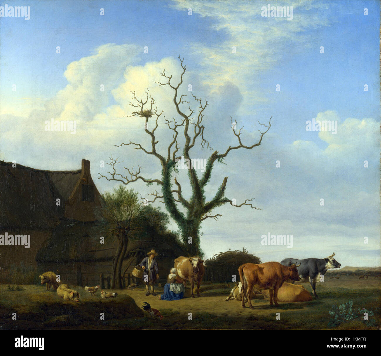 Adriaen van de Veldes Gemälde „een boerderij met een dode Boom“ aus dem Jahr 1658 fängt eine ländliche Landschaft mit detaillierten naturalistischen Merkmalen ein, die typisch für die niederländische Kunst des Goldenen Zeitalters sind. Stockfoto