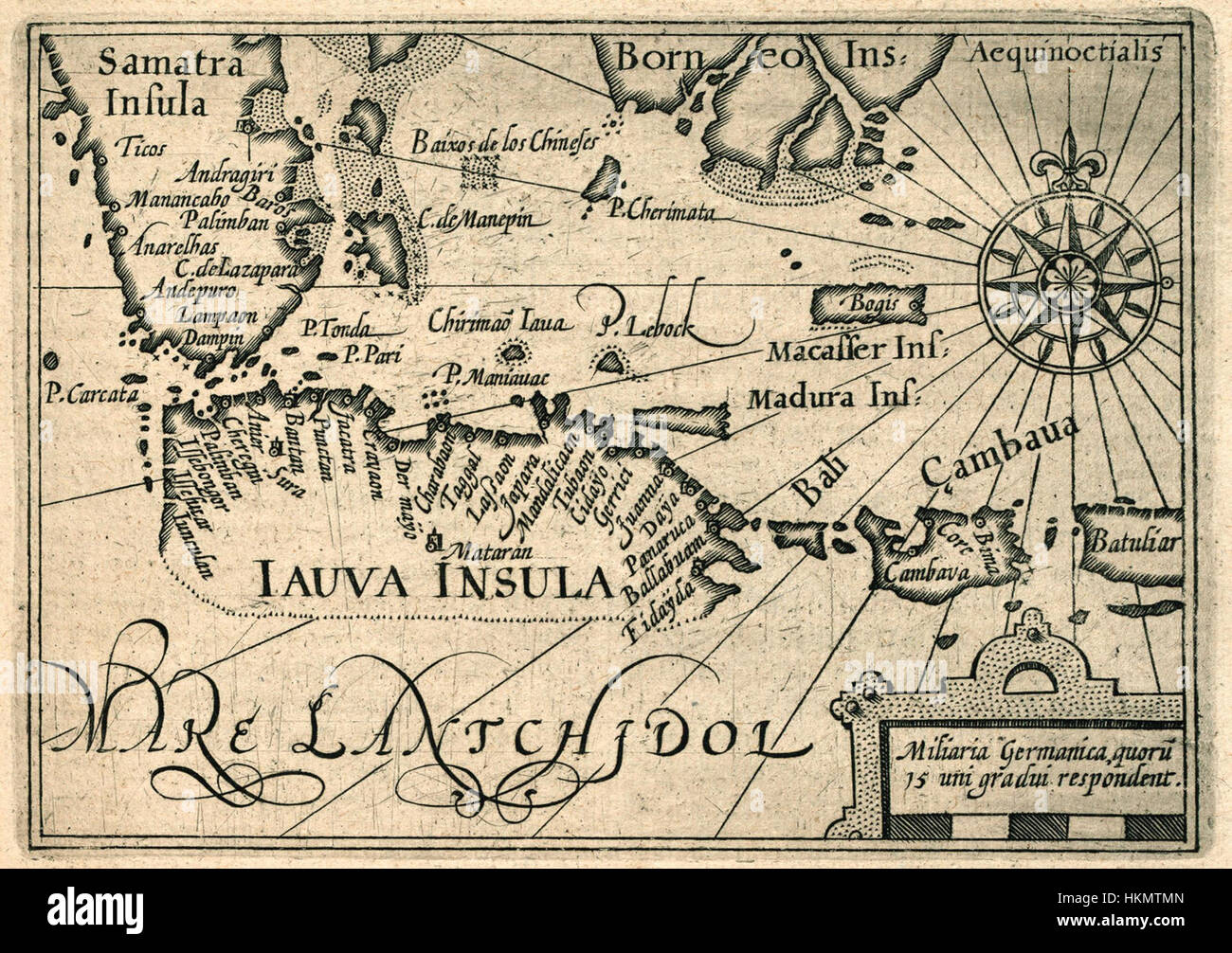 Diese historische Karte, AMH-6466-KB, zeigt den indonesischen Archipel, einschließlich Sumatra, Java, Borneo, Macassar, Madura und Bali. Die Karte zeigt die geografischen Merkmale dieser Inseln und gibt Einblicke in die Topographie und den kolonialen Einfluss der Region. Stockfoto