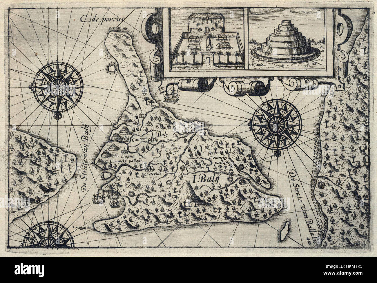 Diese historische Karte von Bali, die als AMH-6657-KB identifiziert wurde, bietet einen detaillierten Überblick über die Geographie der Insel und wichtige Sehenswürdigkeiten. Die Karte bietet wertvolle Einblicke in Balis historisches Layout und geografische Besonderheiten. Stockfoto