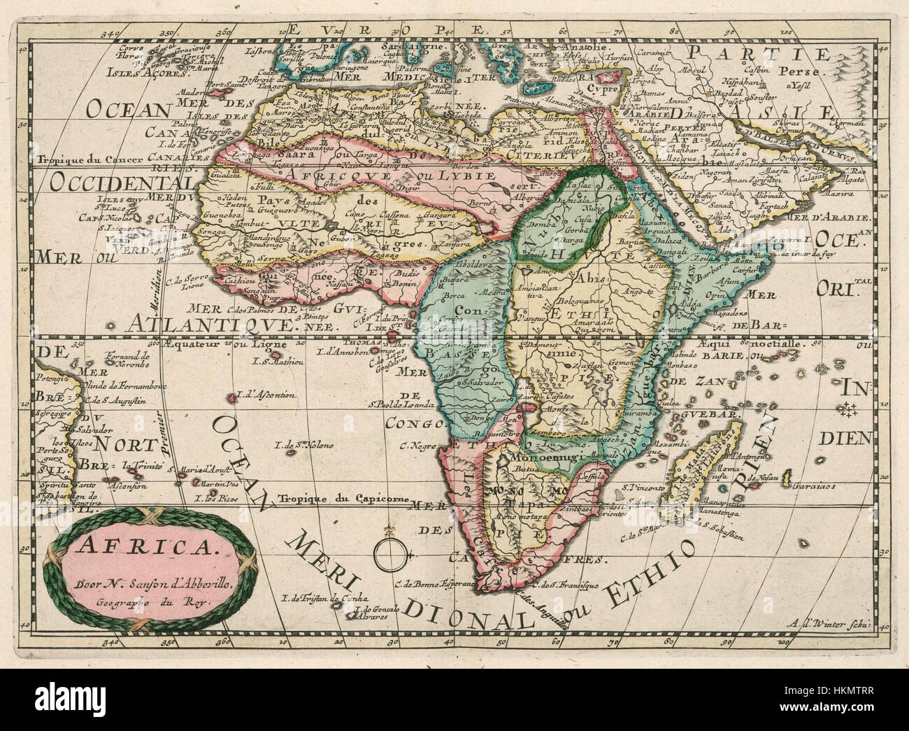 Eine Vintage-Karte von Afrika und der Arabischen Halbinsel, die historische Geographie in einem künstlerischen Format erfasst. Das Stück bietet einen Einblick in die antike Landschaft und spiegelt historische Kartografie wider. Stockfoto